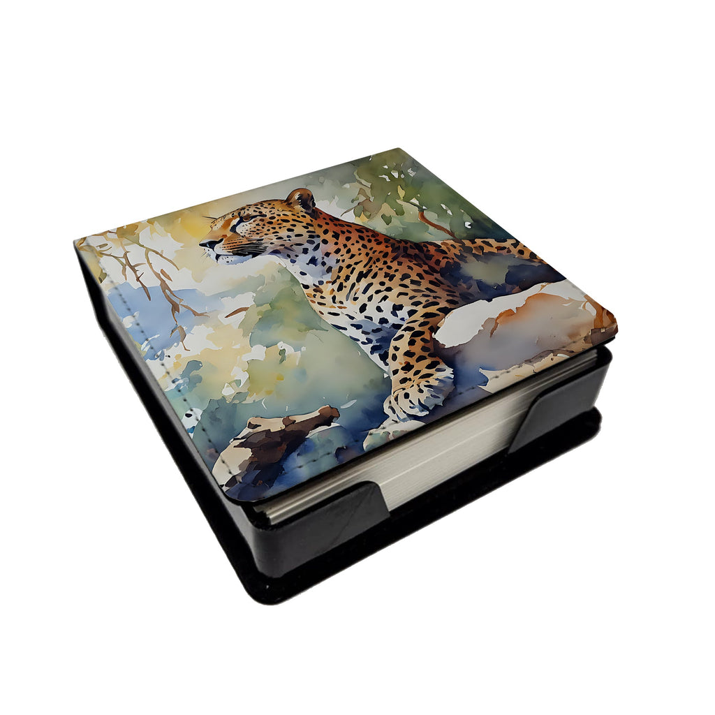 Leopard PU Leather Note Paper Holder with Artist-Designed Cover, Desk Accessory, Office Gift