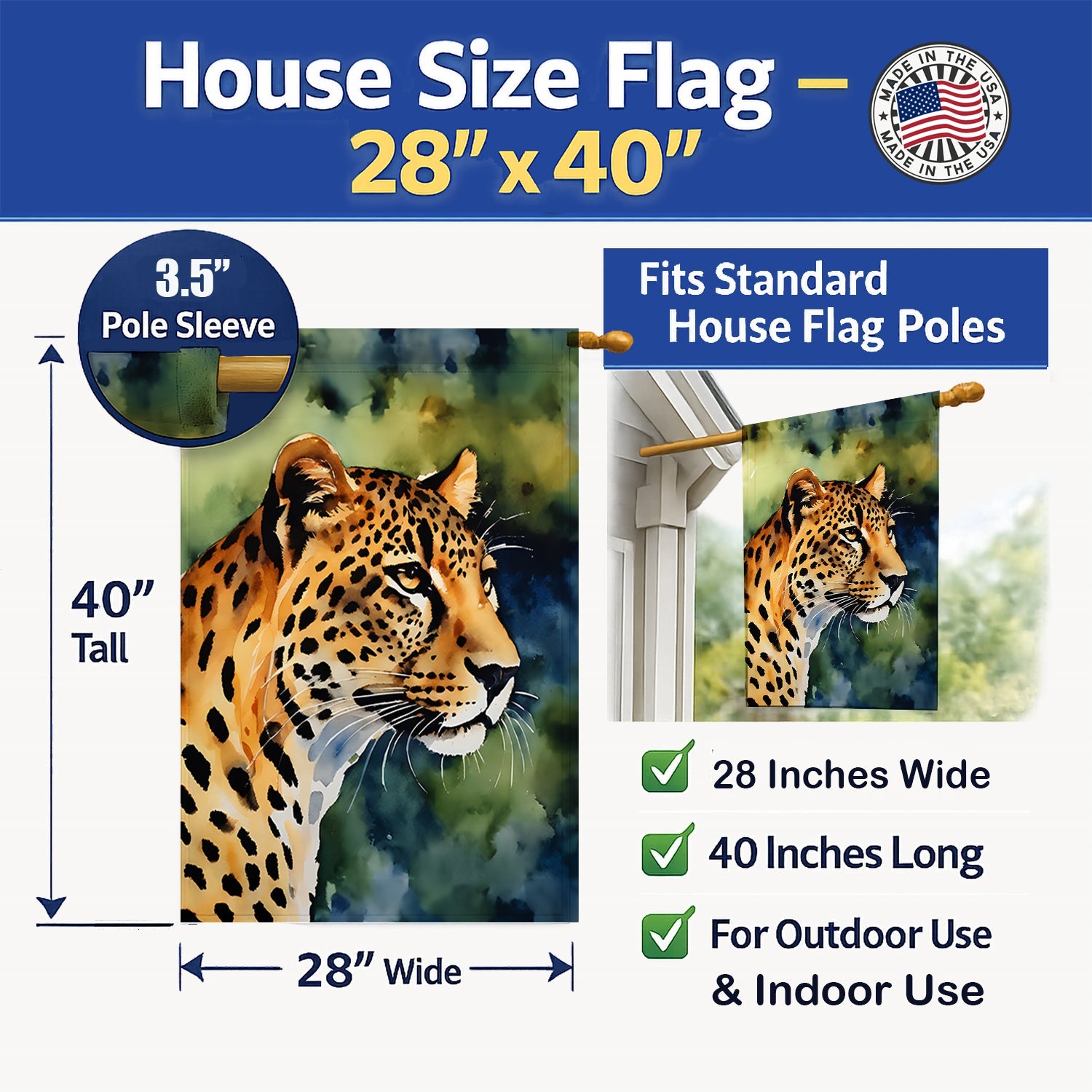 Leopard House Flag 28x40 Porch Sleeve Pole Decorative Outside Yard Banner Artwork Wall Hanging, Polyester