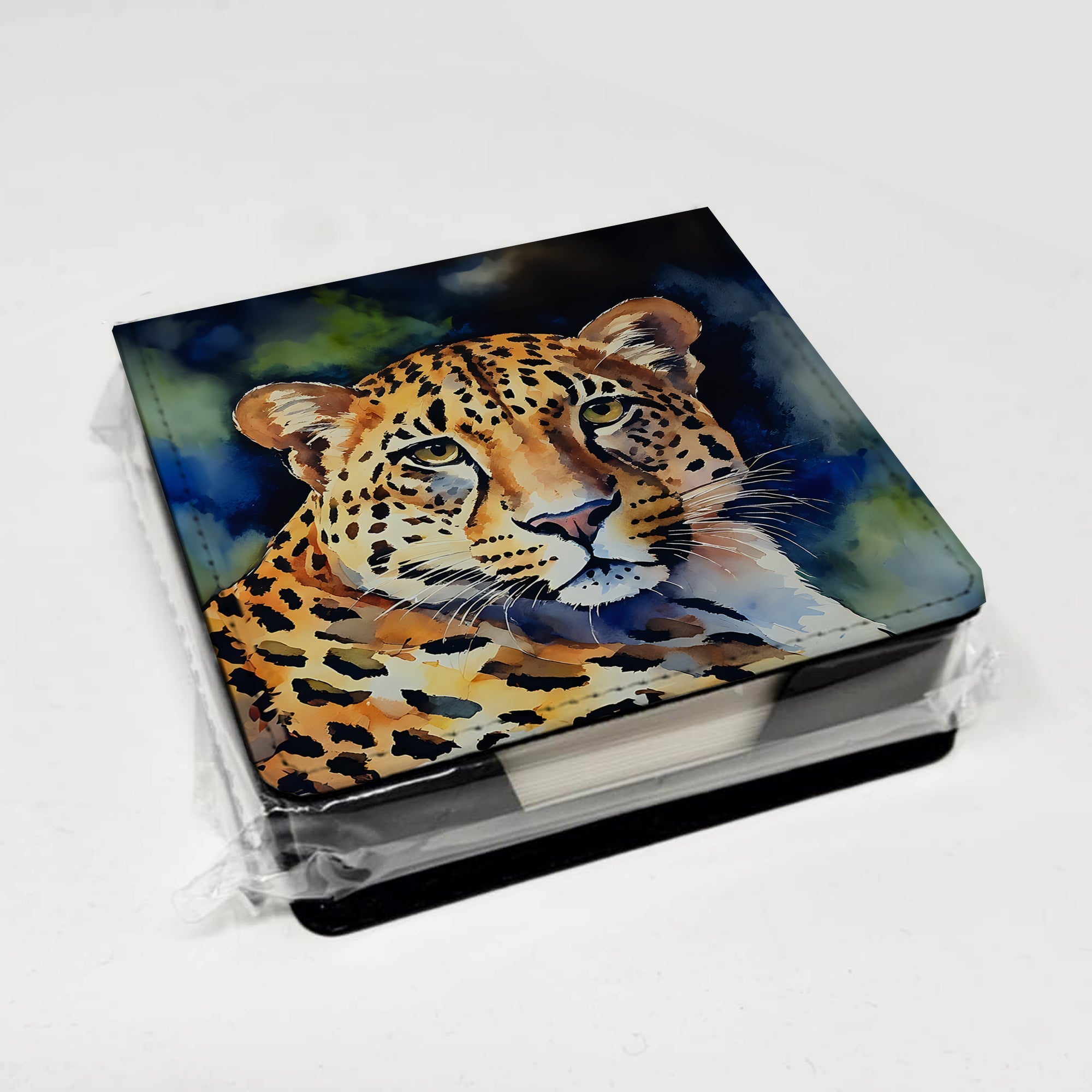 Leopard PU Leather Note Paper Holder with Artist-Designed Cover, Desk Accessory, Office Gift