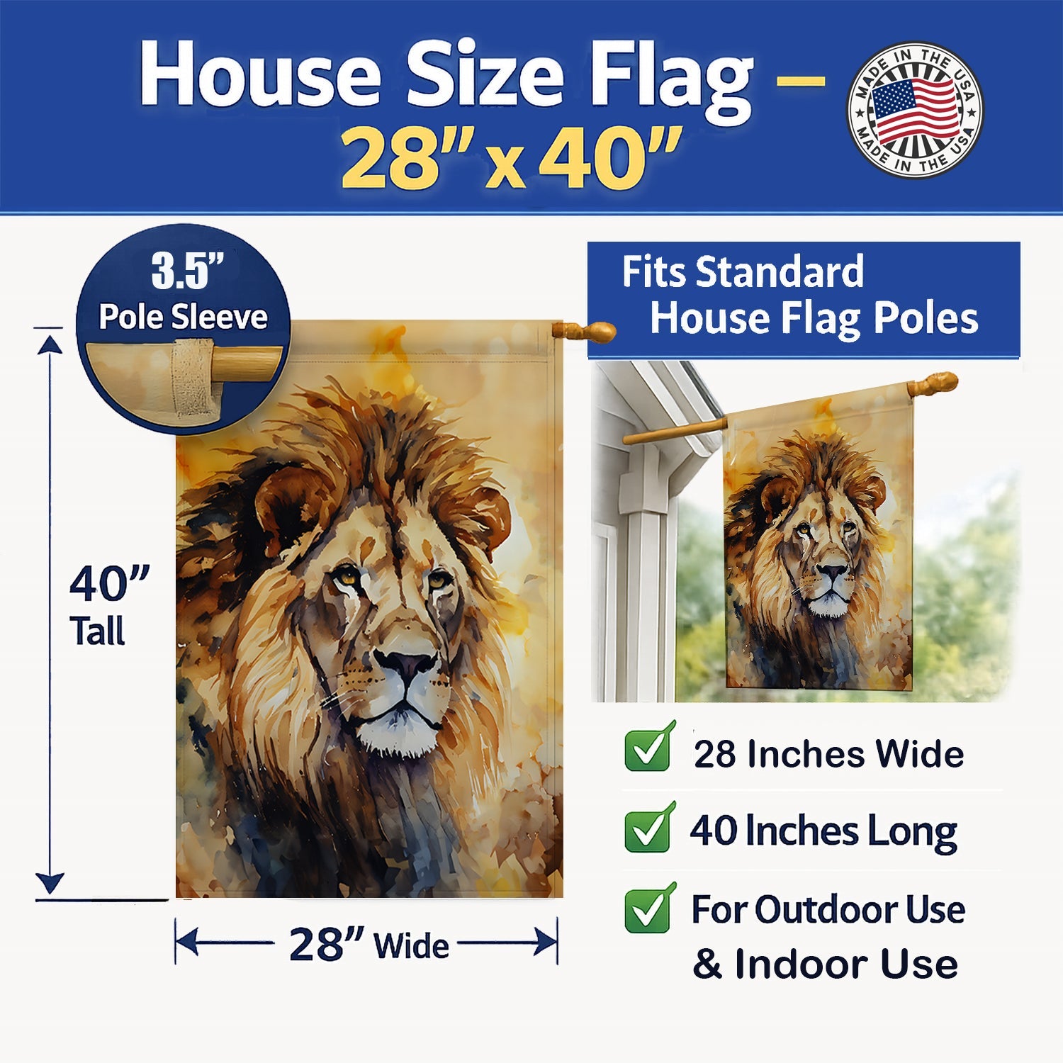 Lion House Flag 28x40 Porch Sleeve Pole Decorative Outside Yard Banner Artwork Wall Hanging, Polyester