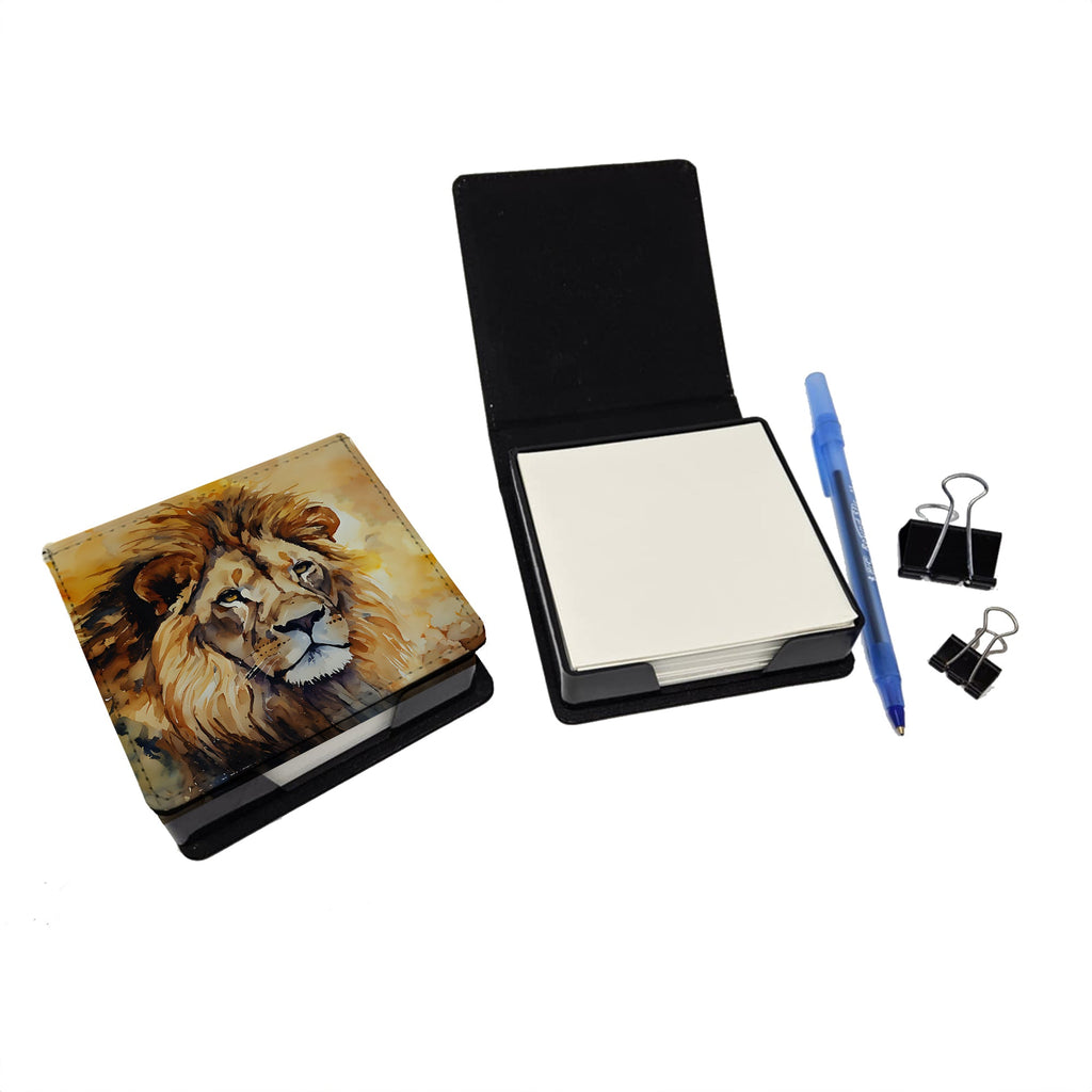 Lion PU Leather Note Paper Holder with Artist-Designed Cover, Desk Accessory, Office Gift