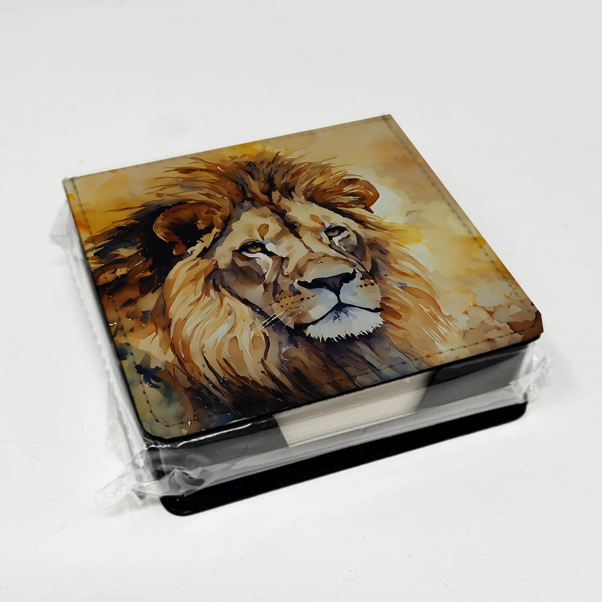 Lion PU Leather Note Paper Holder with Artist-Designed Cover, Desk Accessory, Office Gift