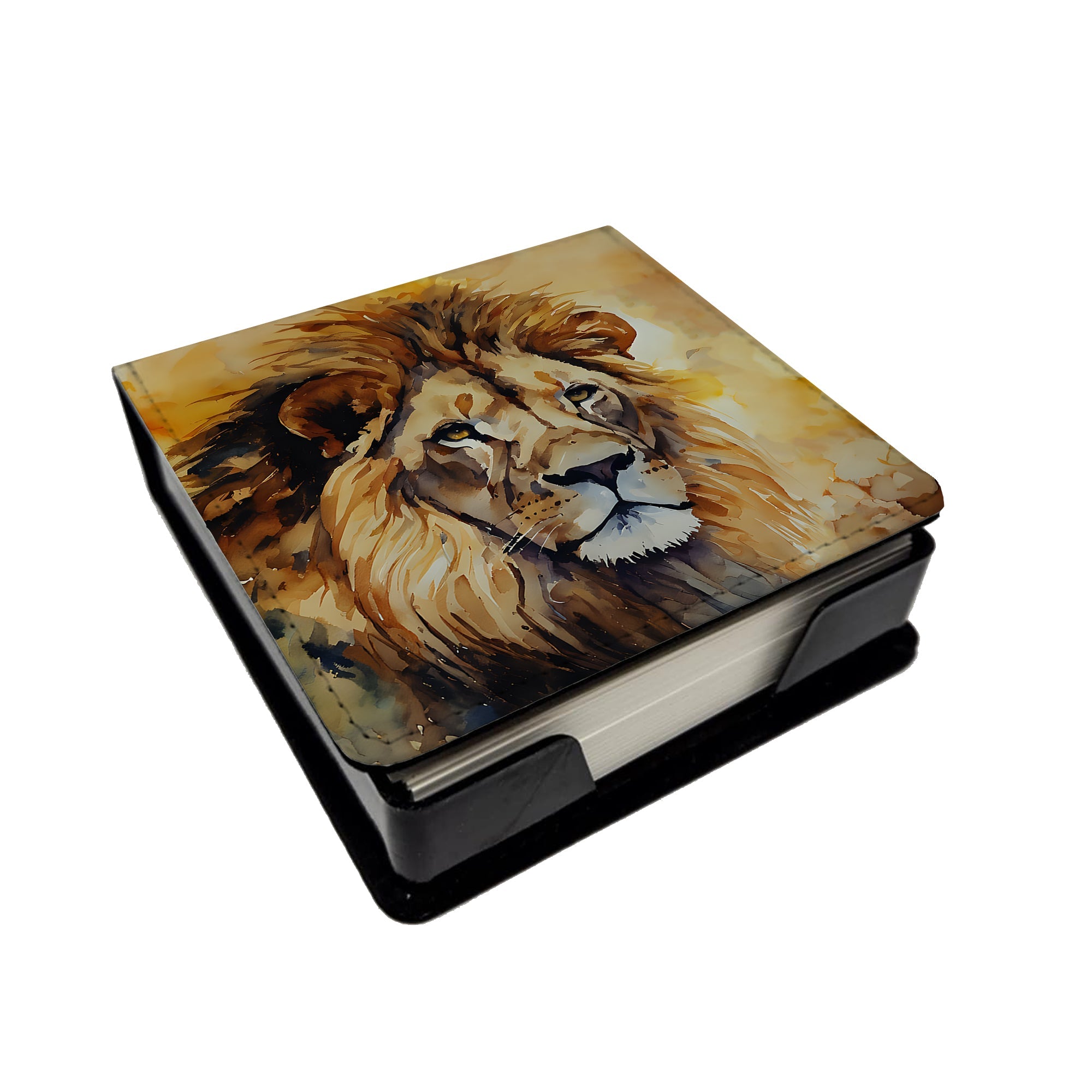 Lion PU Leather Note Paper Holder with Artist-Designed Cover, Desk Accessory, Office Gift