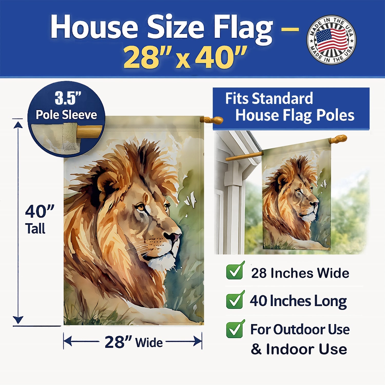 Lion House Flag 28x40 Porch Sleeve Pole Decorative Outside Yard Banner Artwork Wall Hanging, Polyester