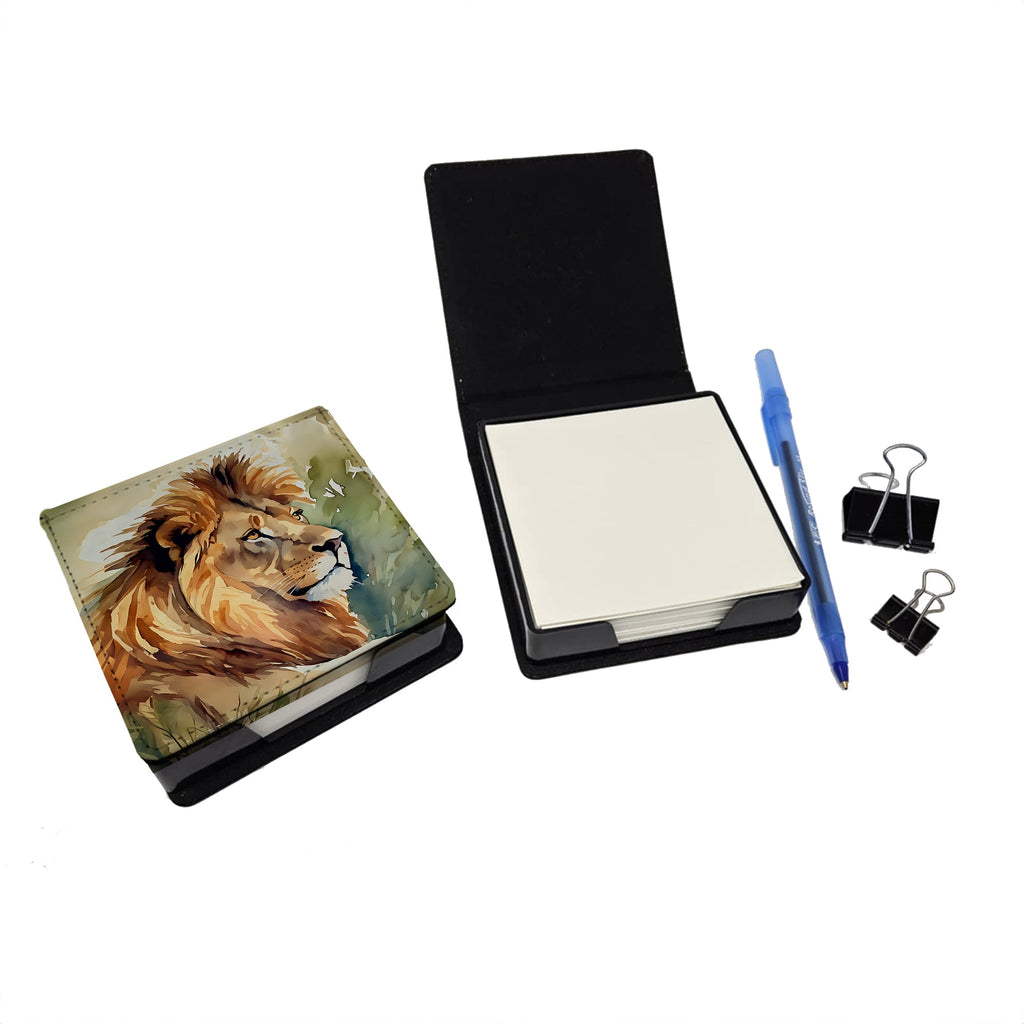 Lion PU Leather Note Paper Holder with Artist-Designed Cover, Desk Accessory, Office Gift