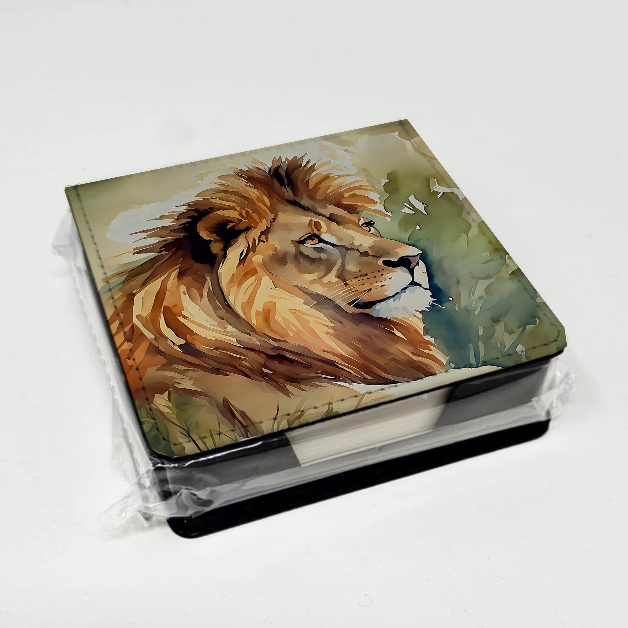 Lion PU Leather Note Paper Holder with Artist-Designed Cover, Desk Accessory, Office Gift
