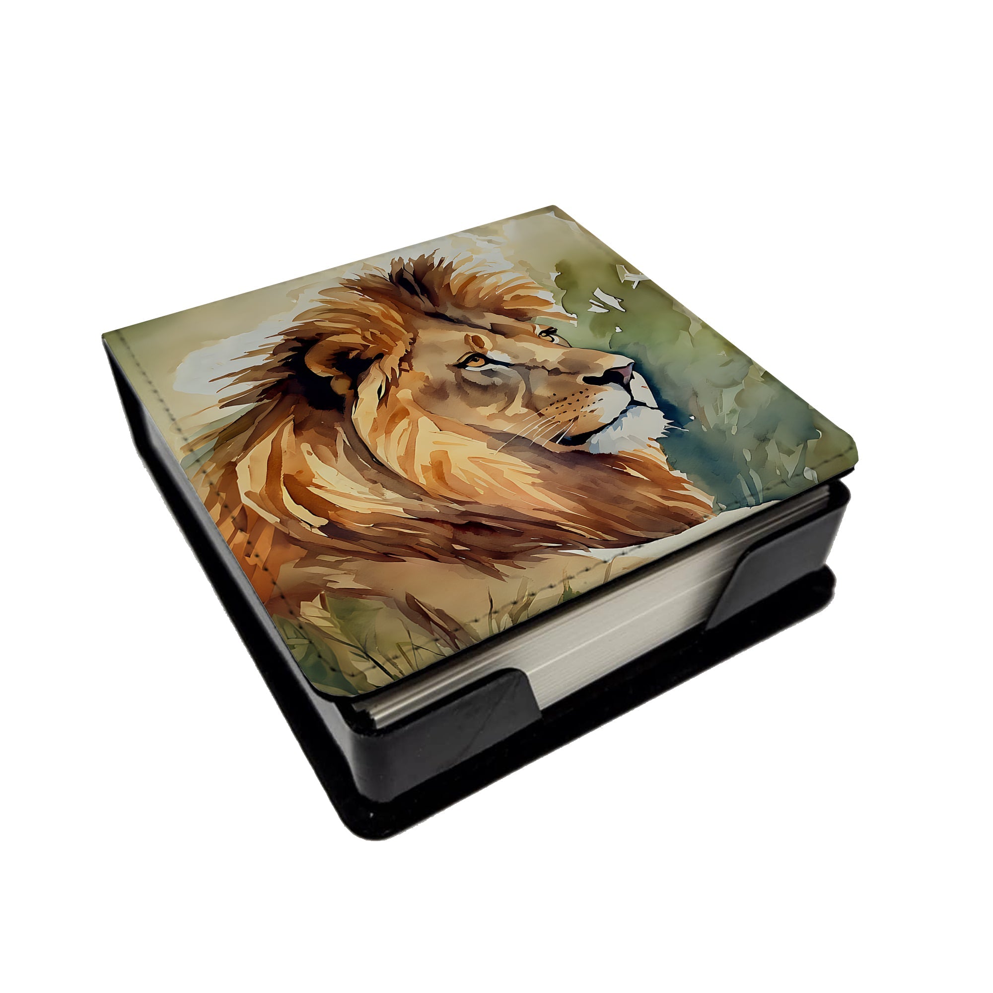 Lion PU Leather Note Paper Holder with Artist-Designed Cover, Desk Accessory, Office Gift
