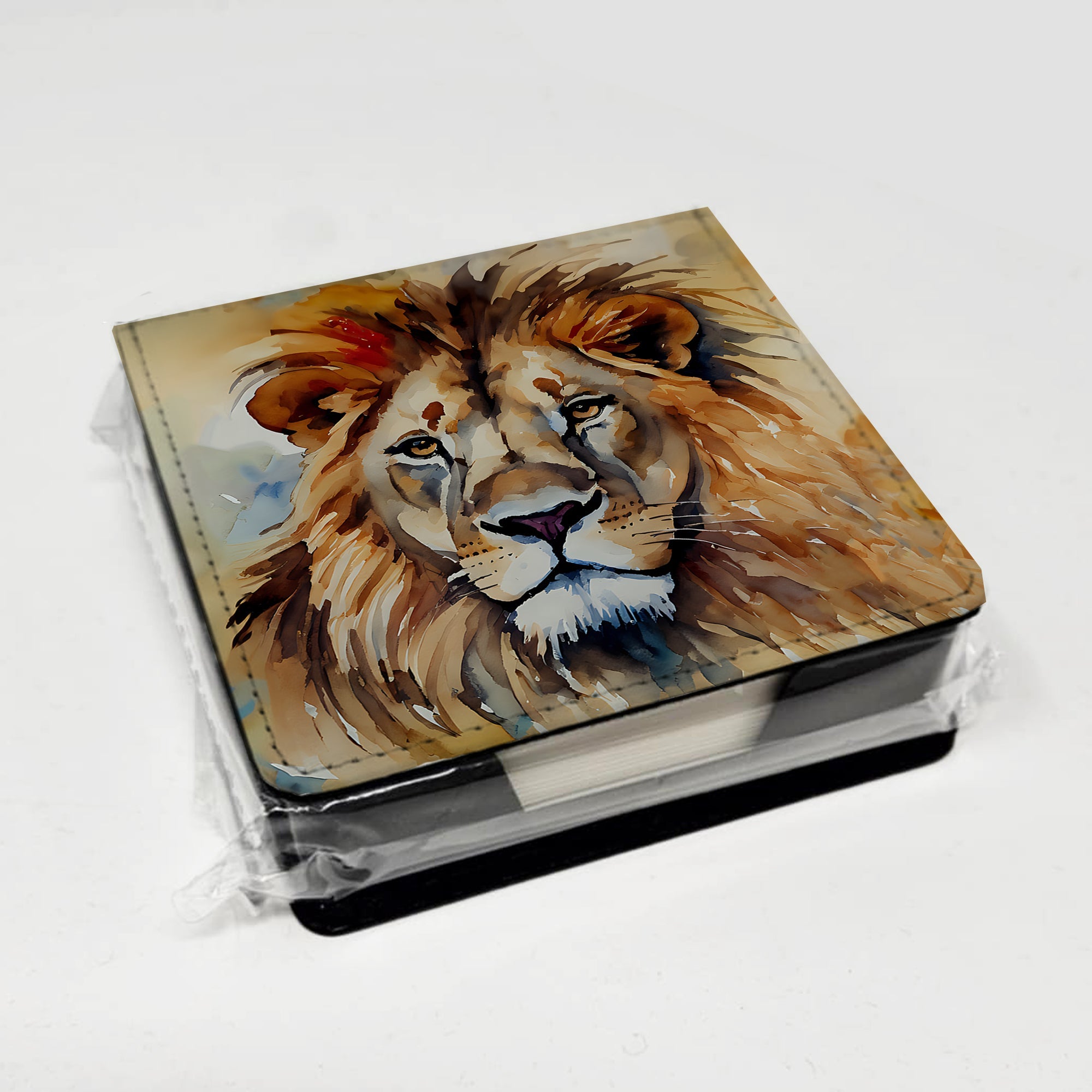 Lion PU Leather Note Paper Holder with Artist-Designed Cover, Desk Accessory, Office Gift