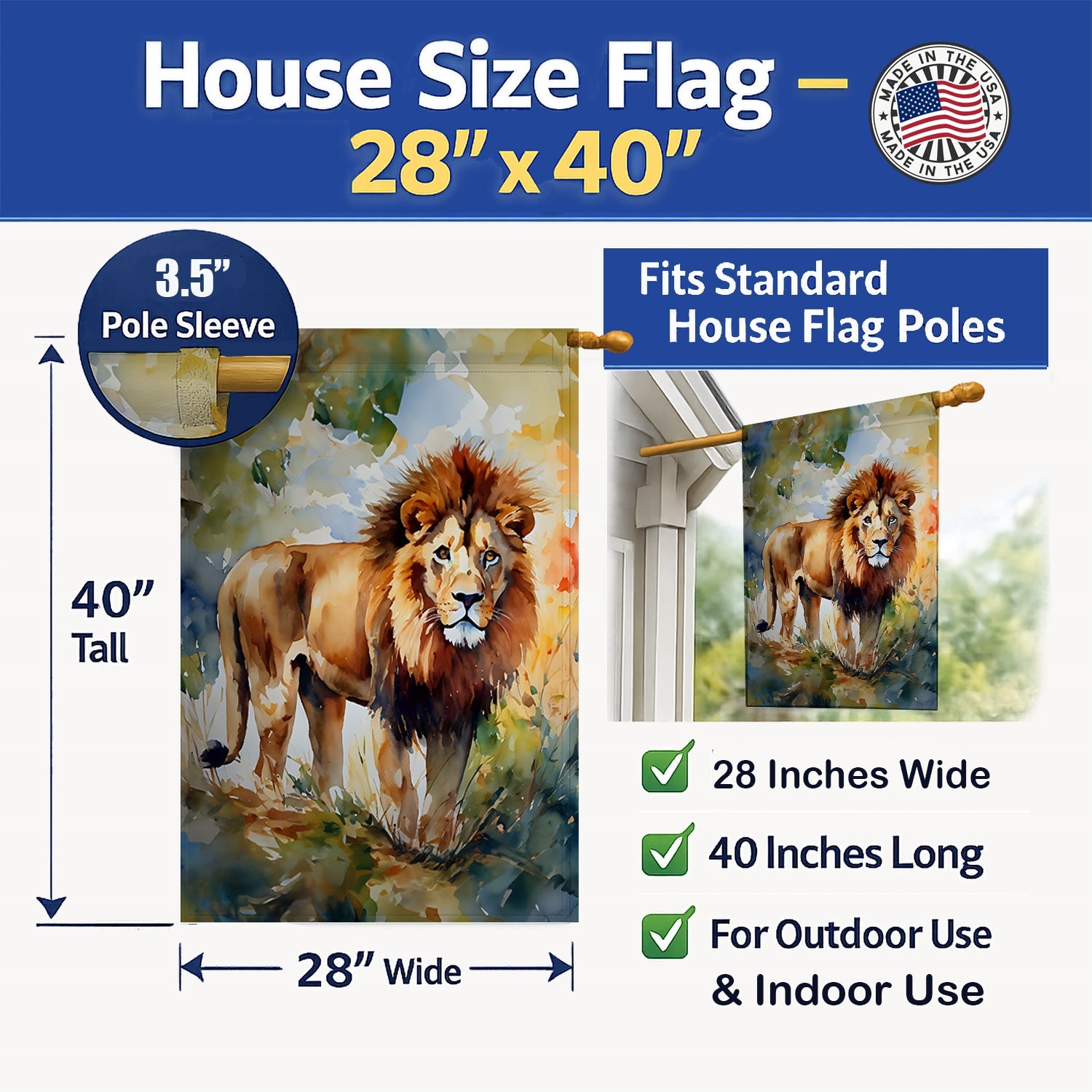 Lion House Flag 28x40 Porch Sleeve Pole Decorative Outside Yard Banner Artwork Wall Hanging, Polyester