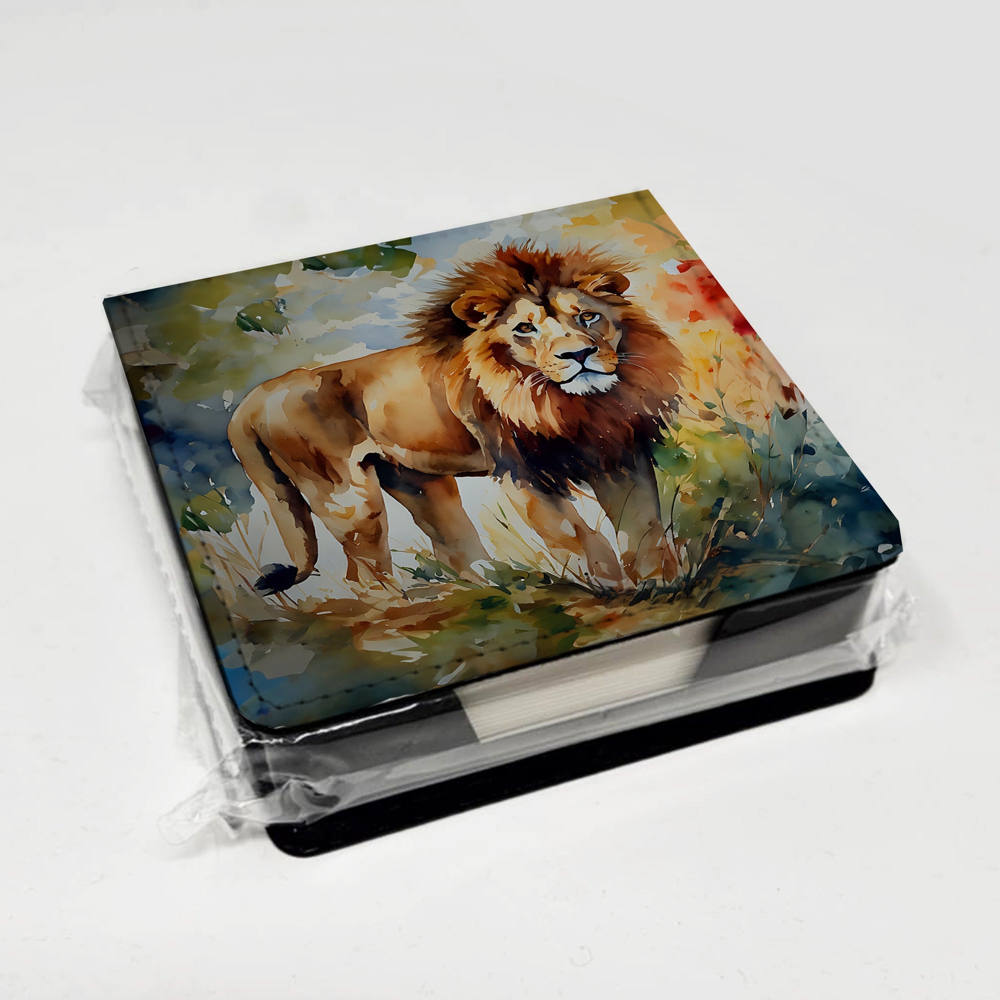 Lion PU Leather Note Paper Holder with Artist-Designed Cover, Desk Accessory, Office Gift