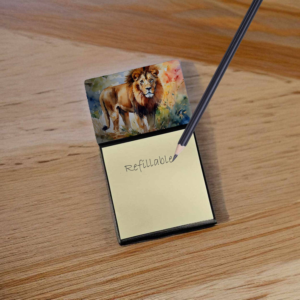 Lion Watercolor Sticky Note Holder Refillable Dispenser Desk Accessory 3x3 Pad Gift