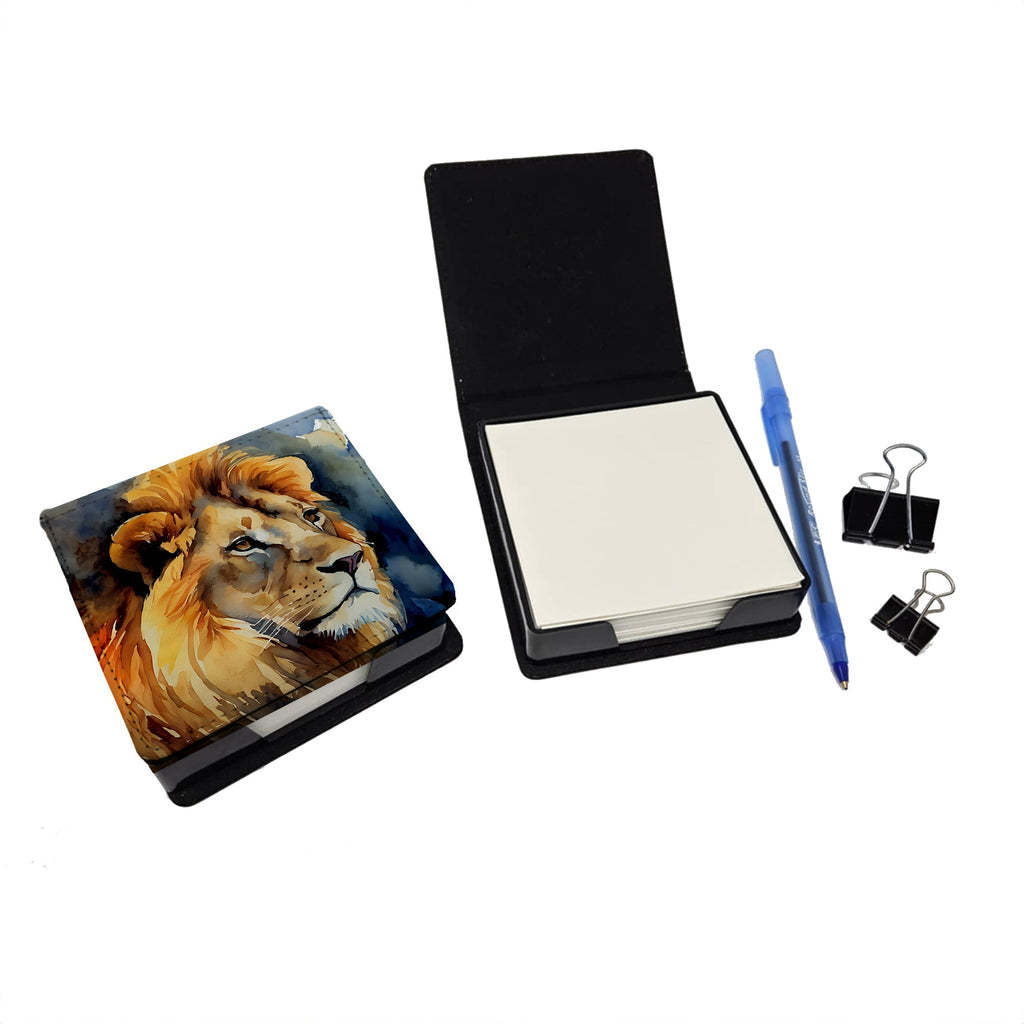 Lion PU Leather Note Paper Holder with Artist-Designed Cover, Desk Accessory, Office Gift