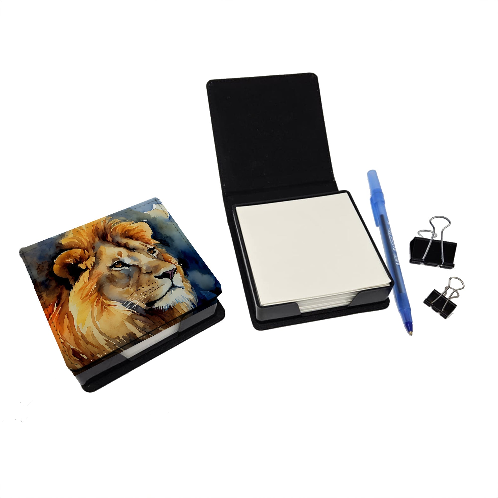 Lion PU Leather Note Paper Holder with Artist-Designed Cover, Desk Accessory, Office Gift