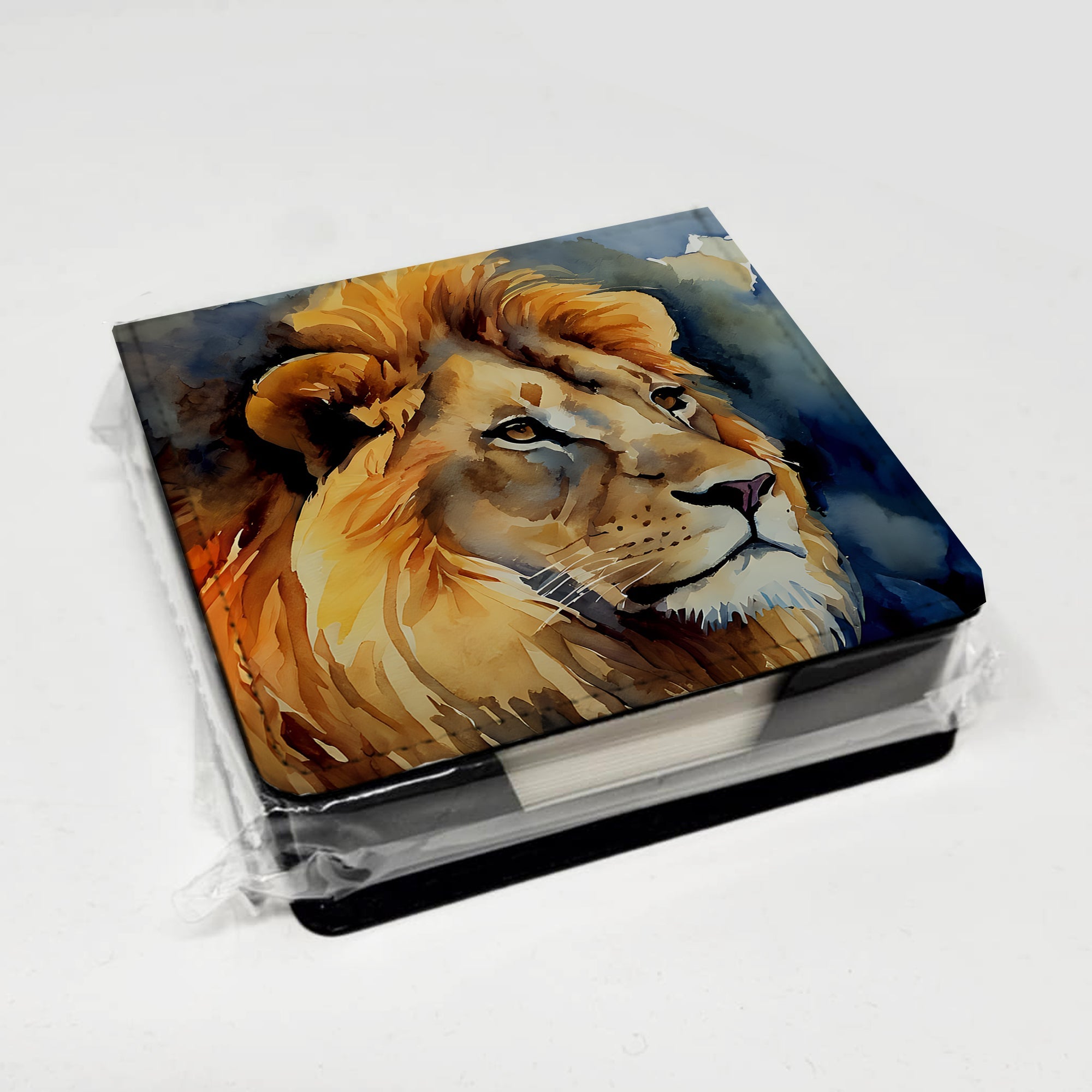 Lion PU Leather Note Paper Holder with Artist-Designed Cover, Desk Accessory, Office Gift