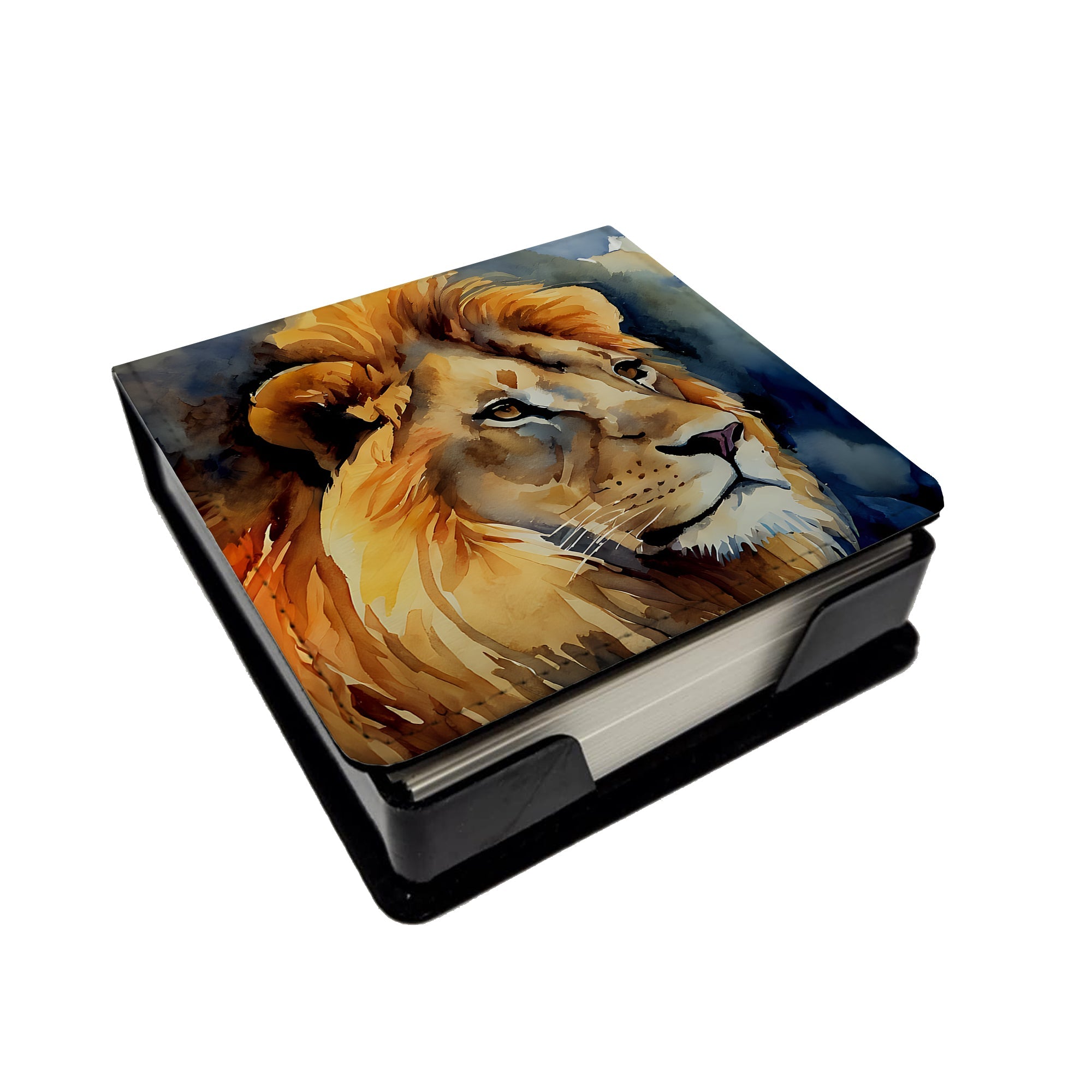 Lion PU Leather Note Paper Holder with Artist-Designed Cover, Desk Accessory, Office Gift