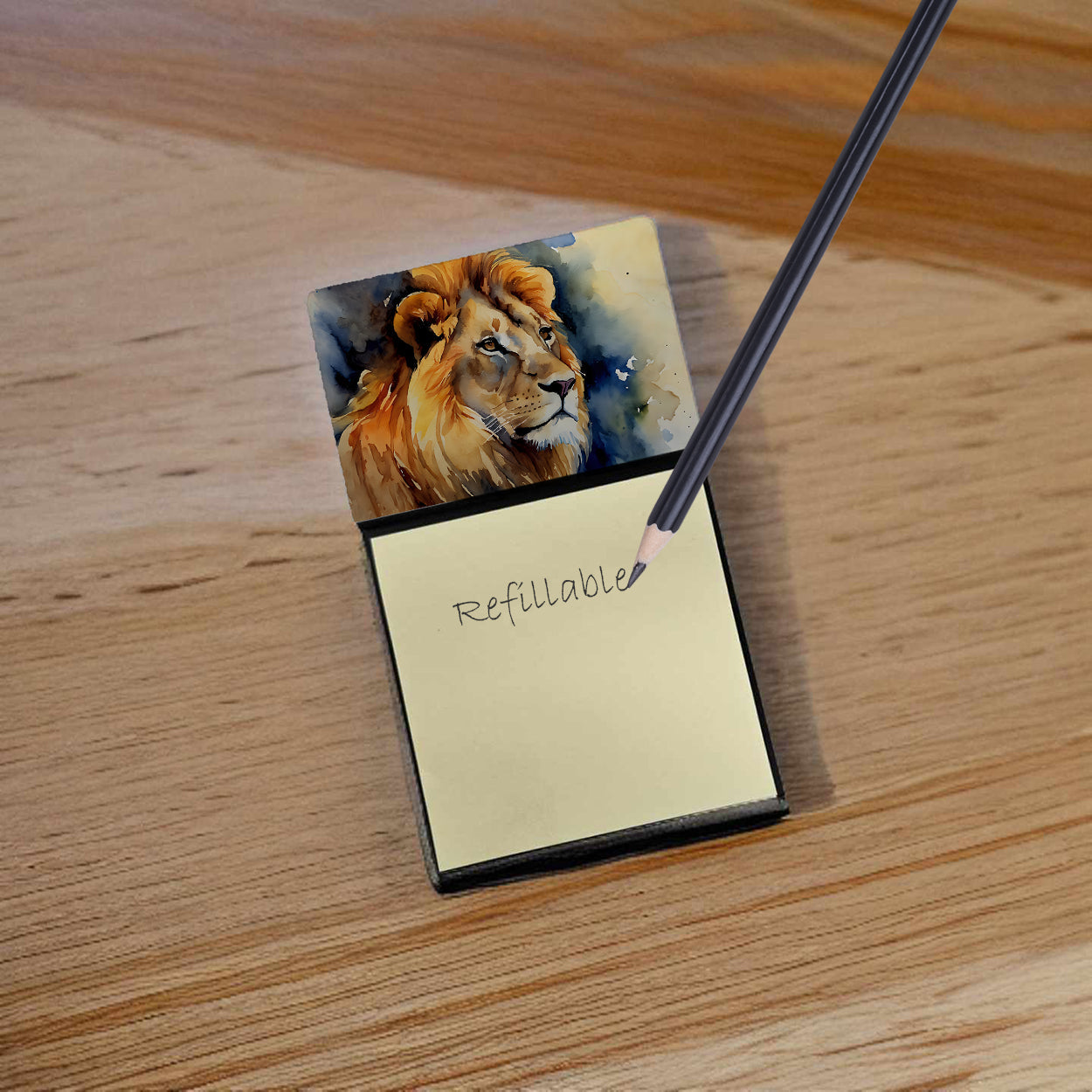 Lion Watercolor Sticky Note Holder Refillable Dispenser Desk Accessory 3x3 Pad Gift
