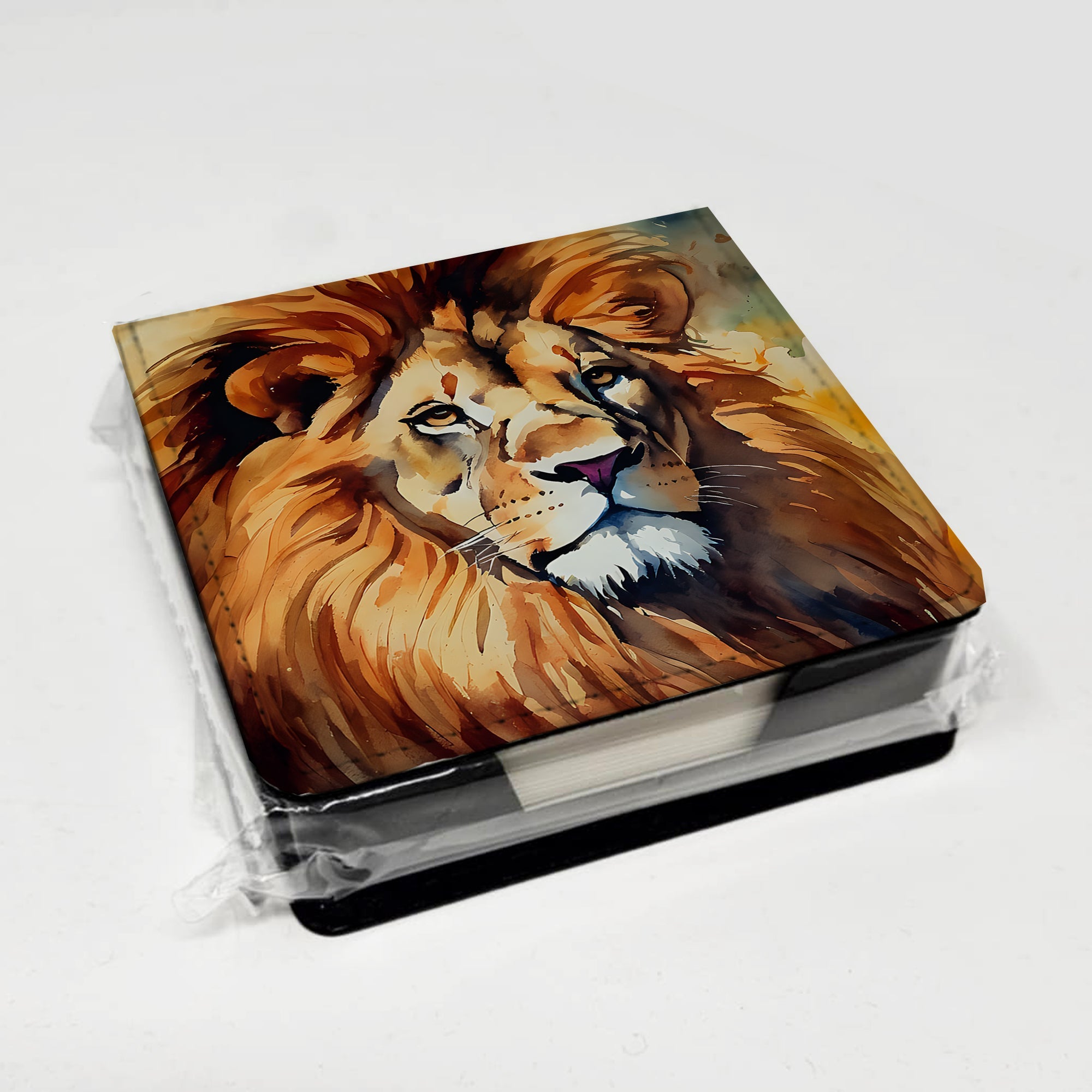 Lion PU Leather Note Paper Holder with Artist-Designed Cover, Desk Accessory, Office Gift