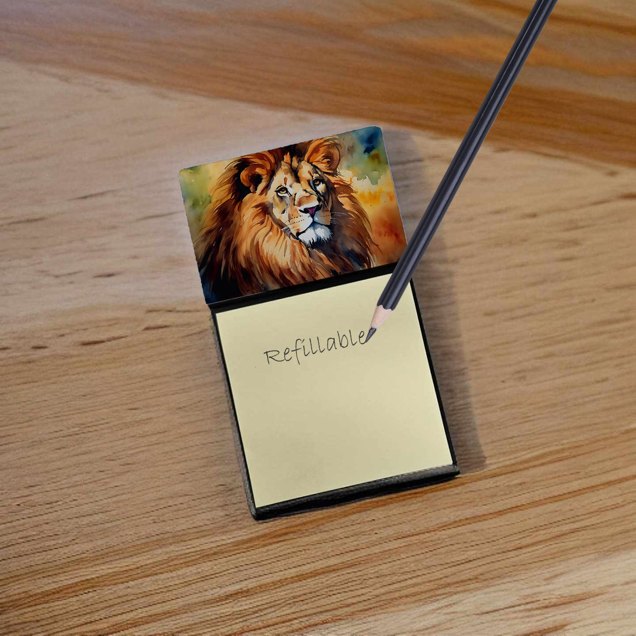 Lion Watercolor Sticky Note Holder Refillable Dispenser Desk Accessory 3x3 Pad Gift