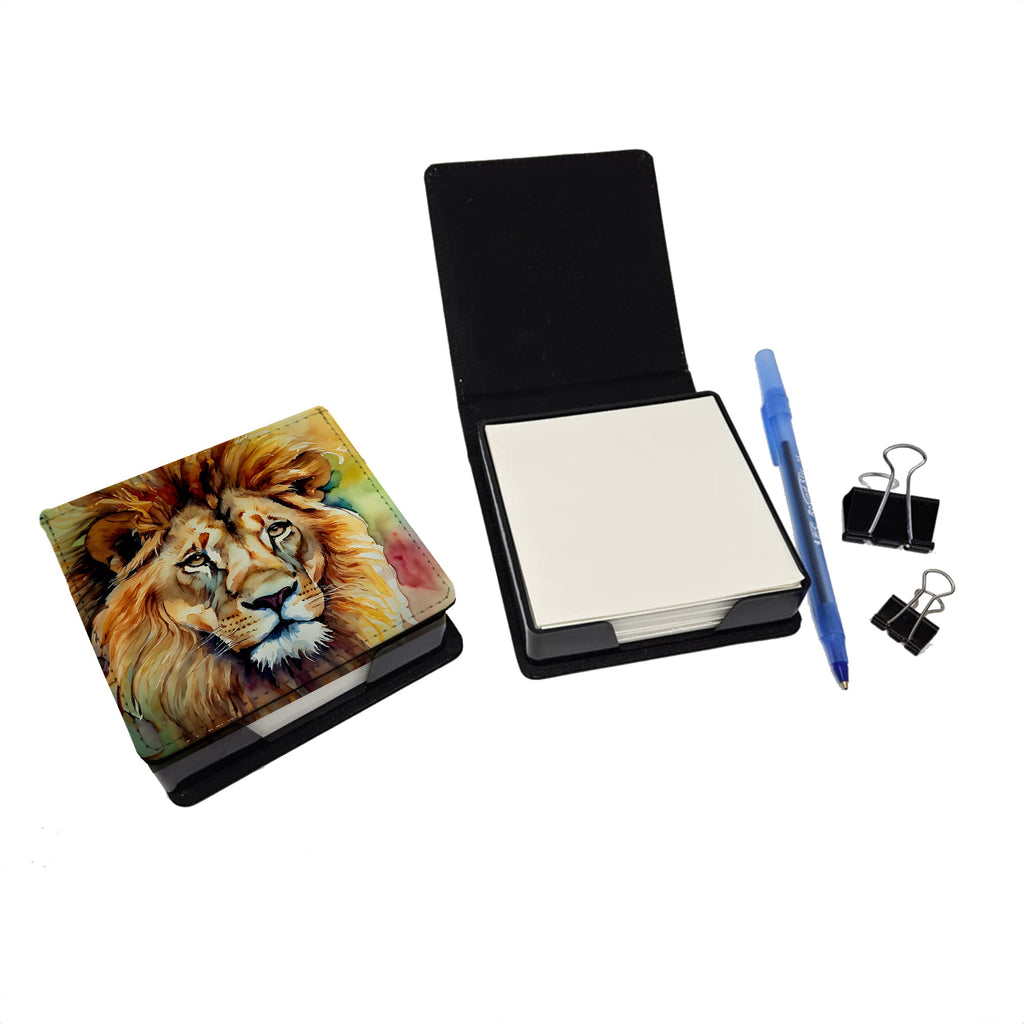 Lion PU Leather Note Paper Holder with Artist-Designed Cover, Desk Accessory, Office Gift