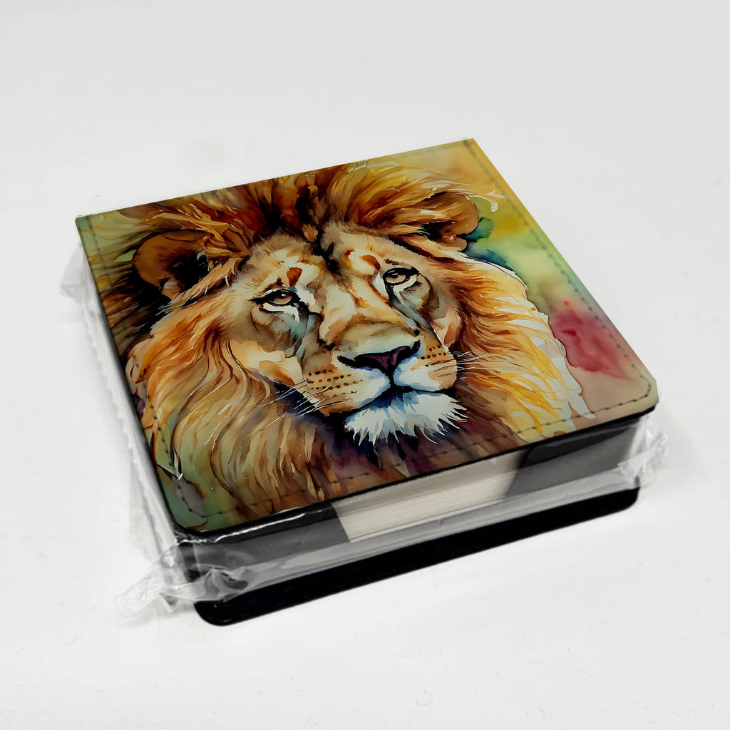 Lion PU Leather Note Paper Holder with Artist-Designed Cover, Desk Accessory, Office Gift