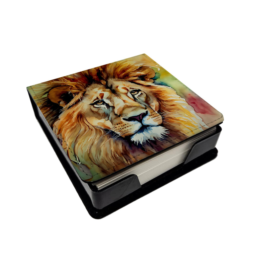 Lion PU Leather Note Paper Holder with Artist-Designed Cover, Desk Accessory, Office Gift