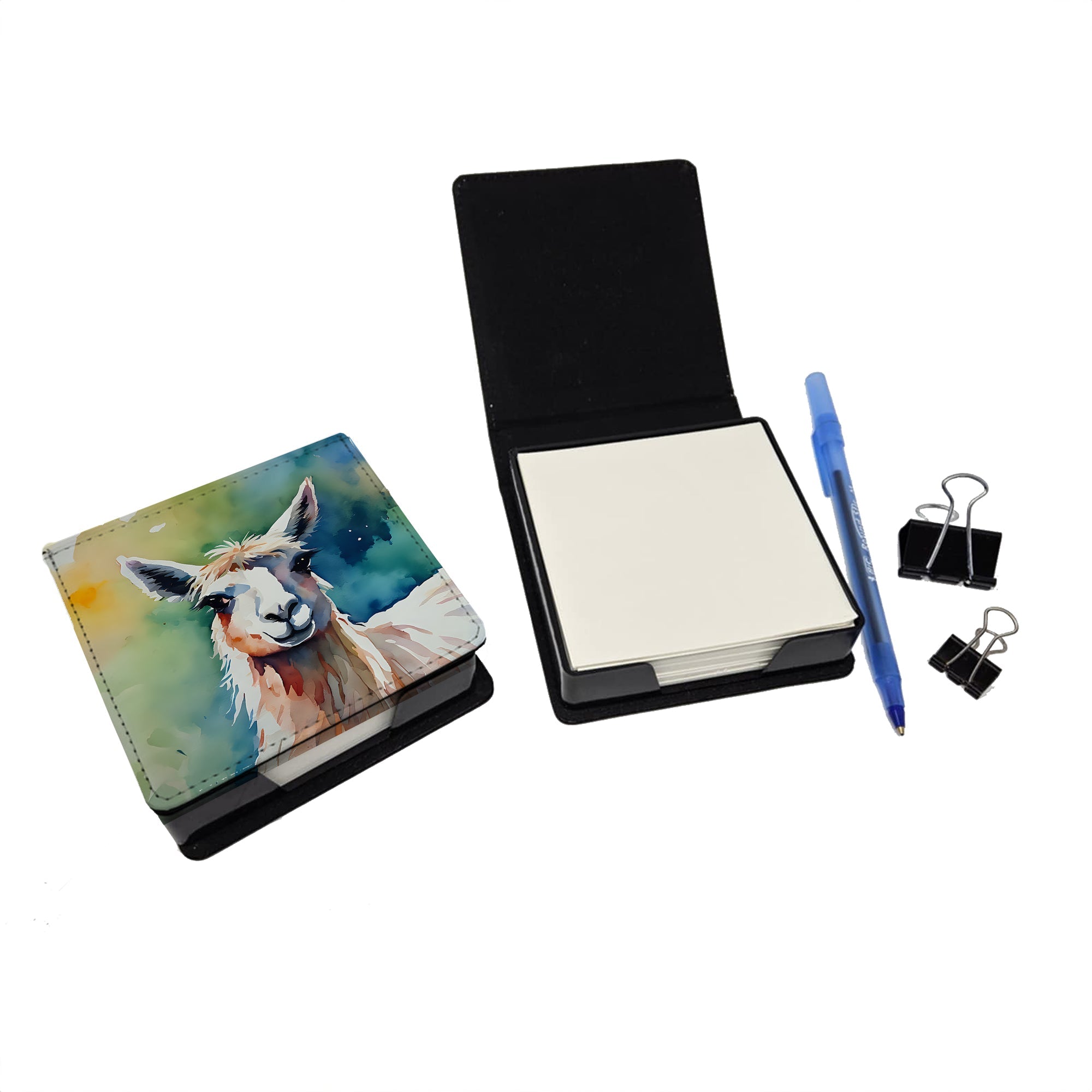 Llama PU Leather Note Paper Holder with Artist-Designed Cover, Desk Accessory, Office Gift