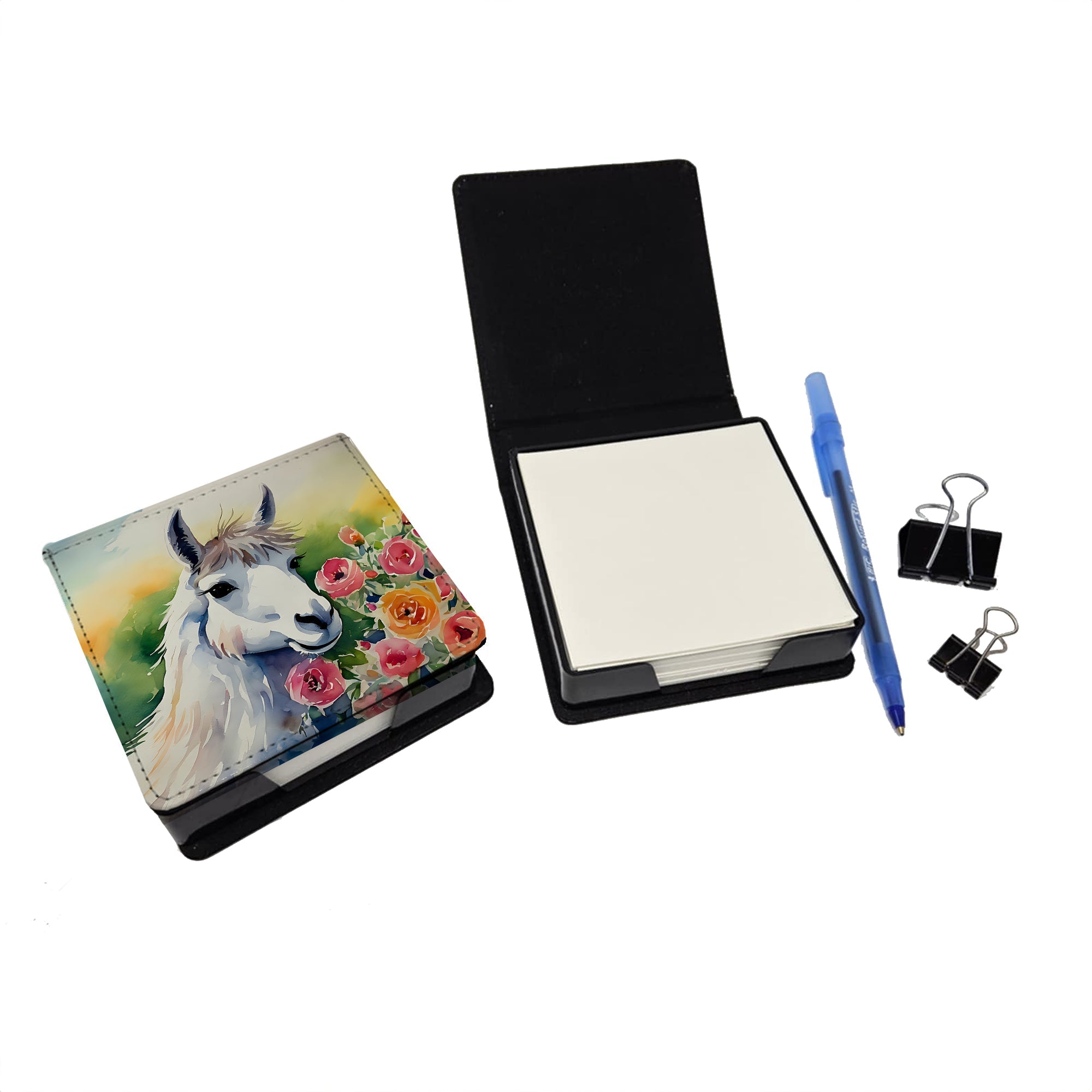 Llama PU Leather Note Paper Holder with Artist-Designed Cover, Desk Accessory, Office Gift