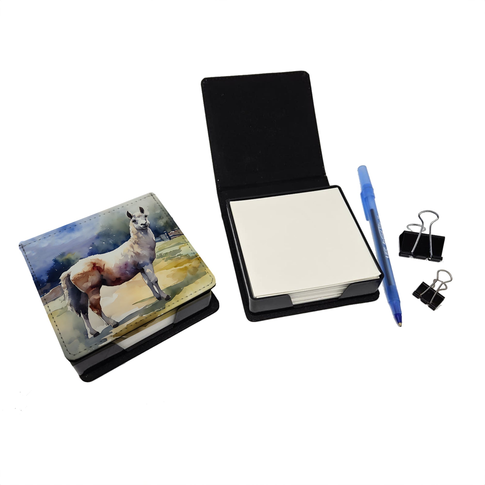 Llama PU Leather Note Paper Holder with Artist-Designed Cover, Desk Accessory, Office Gift