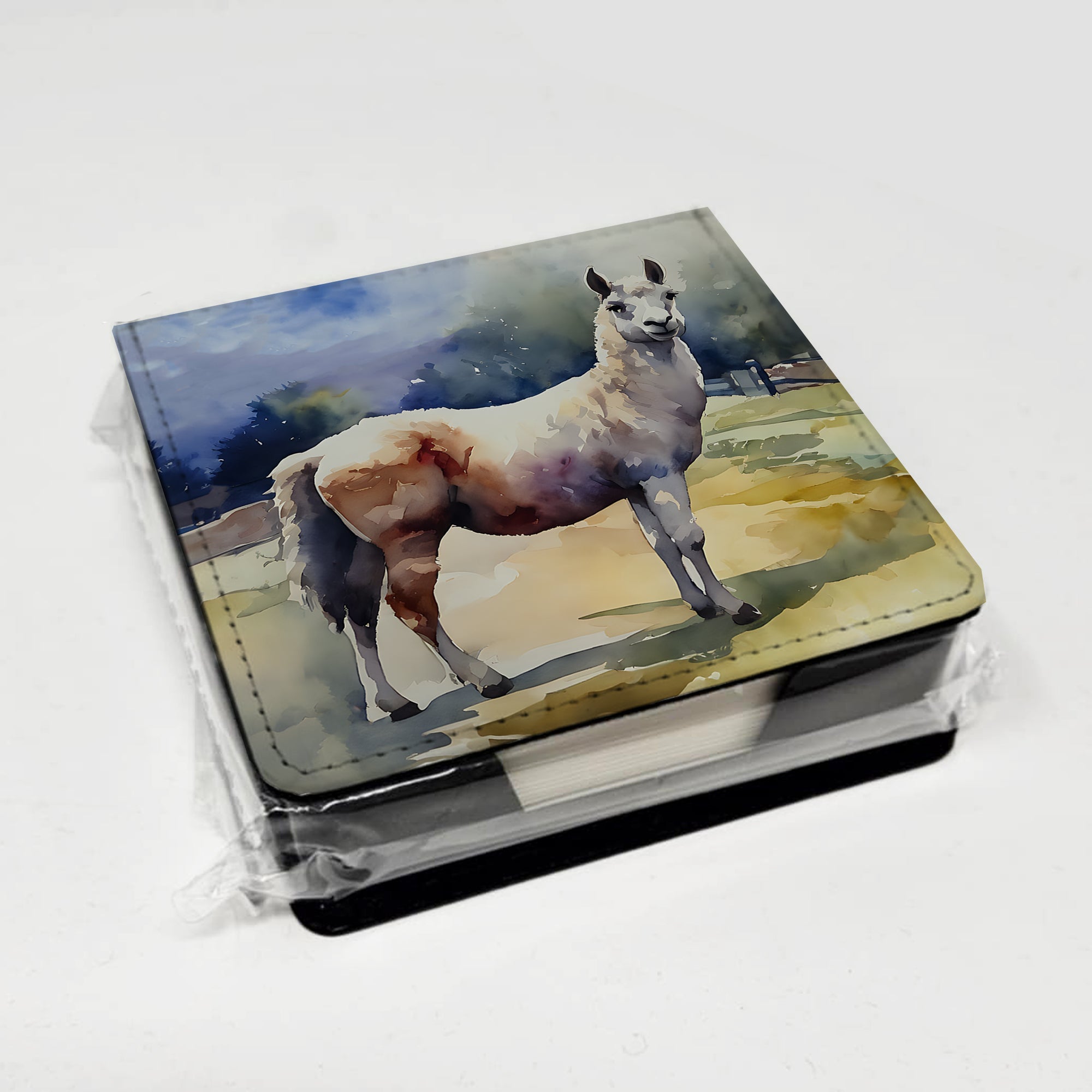 Llama PU Leather Note Paper Holder with Artist-Designed Cover, Desk Accessory, Office Gift