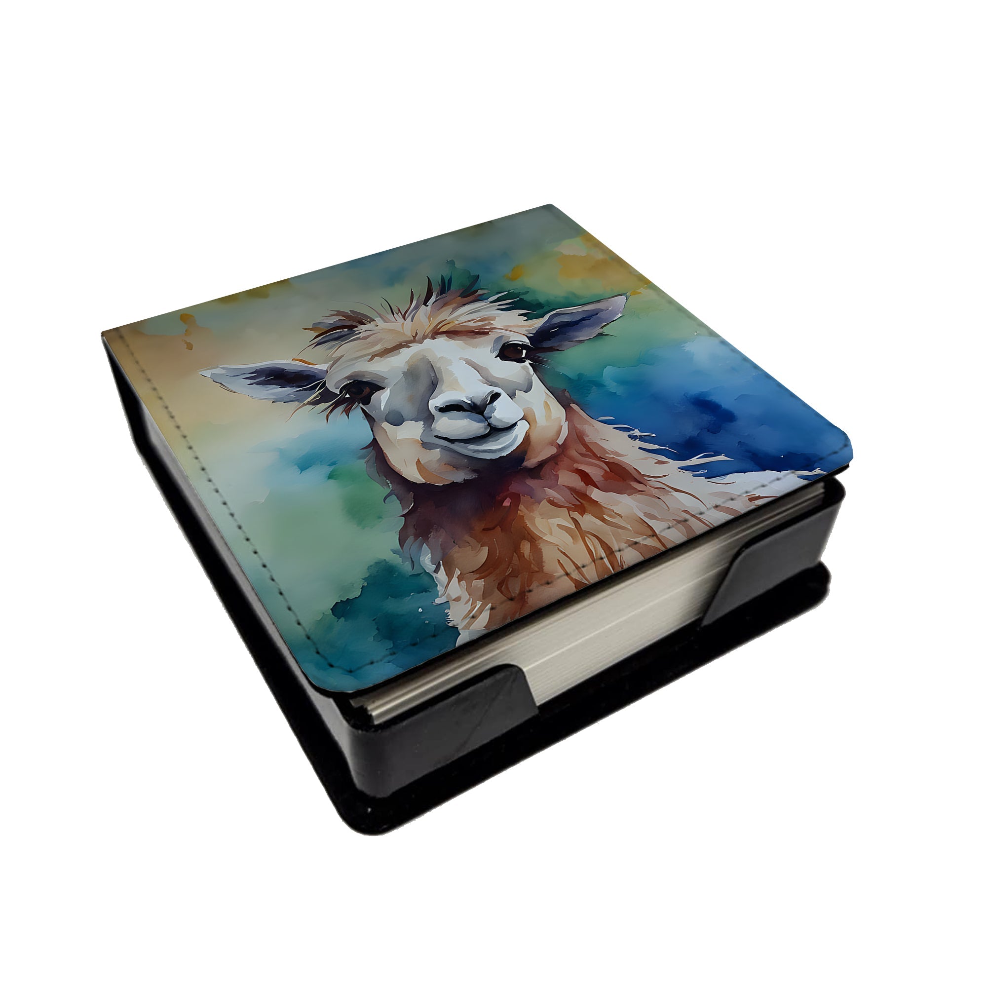 Llama PU Leather Note Paper Holder with Artist-Designed Cover, Desk Accessory, Office Gift