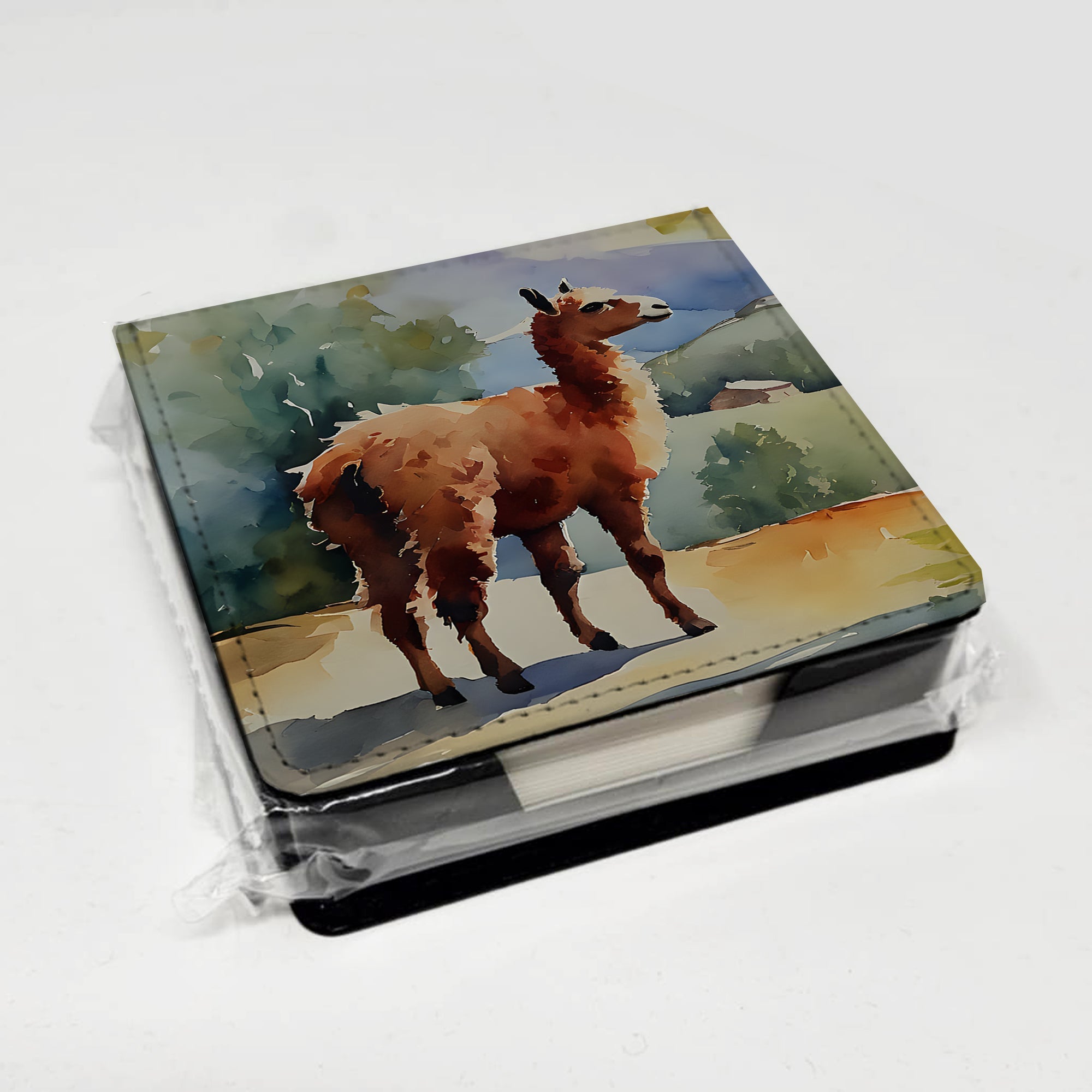 Llama PU Leather Note Paper Holder with Artist-Designed Cover, Desk Accessory, Office Gift