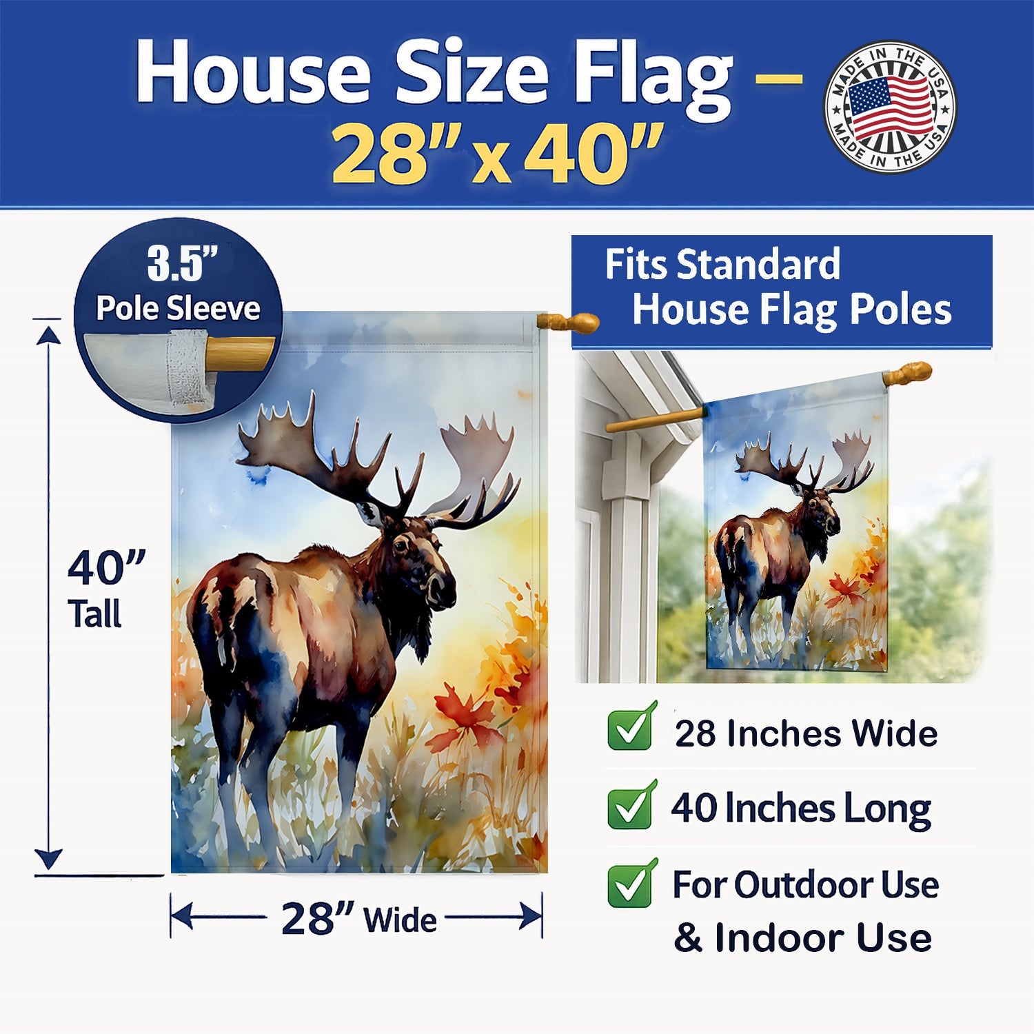 Moose House Flag 28x40 Porch Sleeve Pole Decorative Outside Yard Banner Artwork Wall Hanging, Polyester