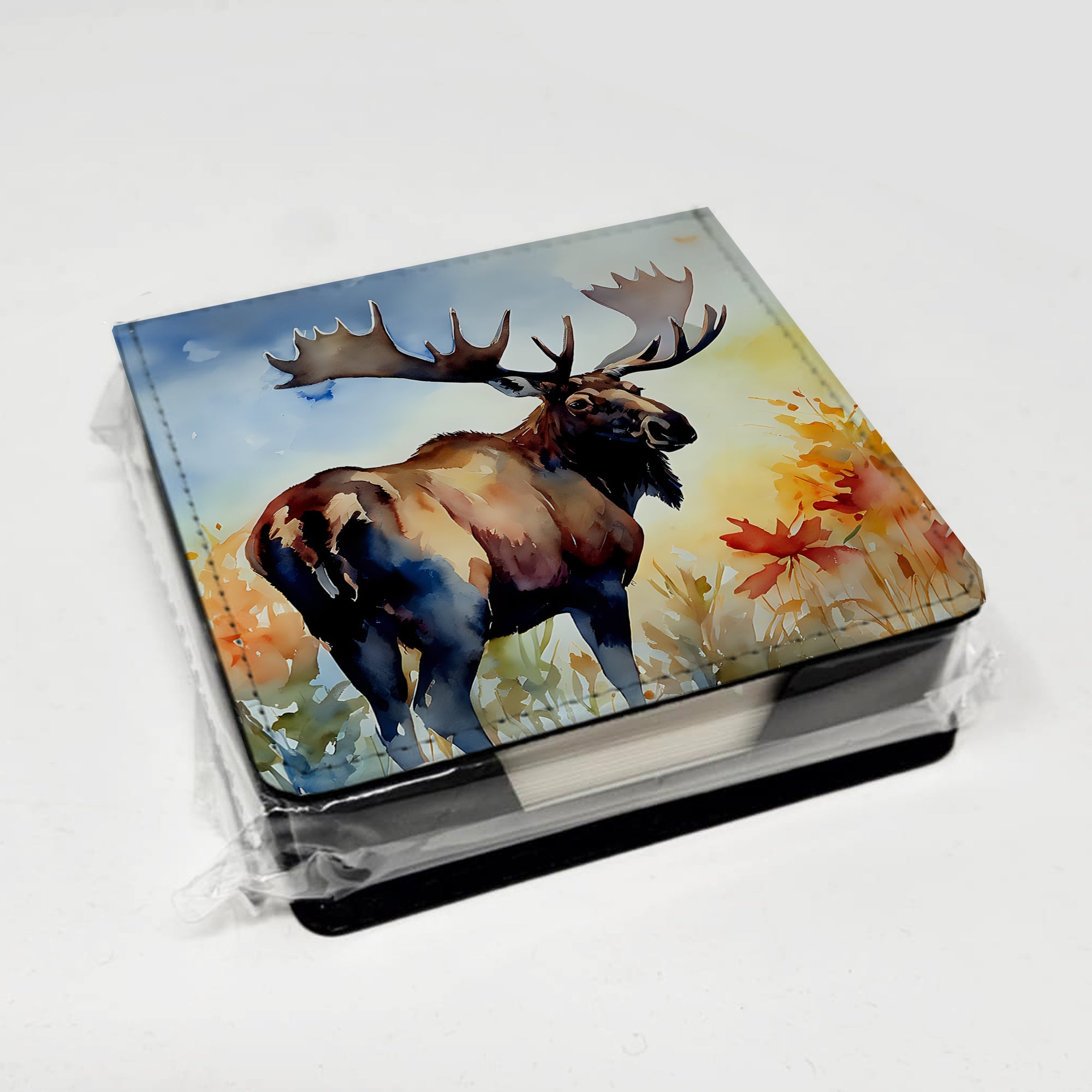 Moose PU Leather Note Paper Holder with Artist-Designed Cover, Desk Accessory, Office Gift