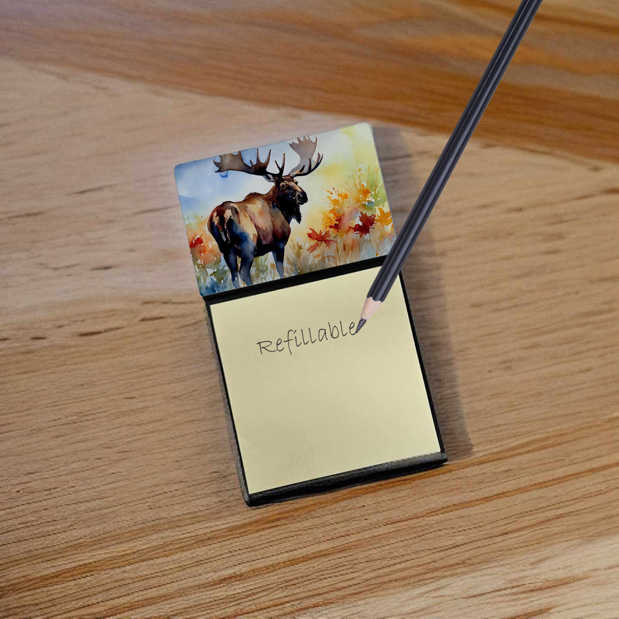 Moose Watercolor Sticky Note Holder Refillable Dispenser Desk Accessory 3x3 Pad Gift