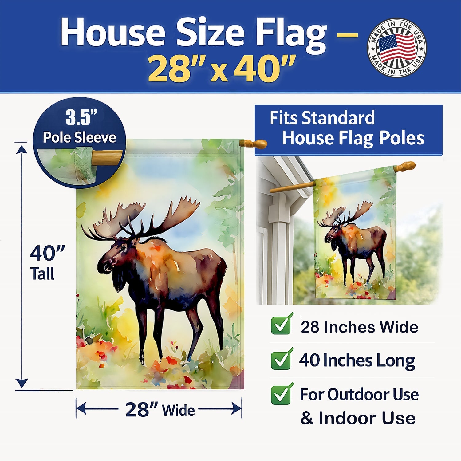 Moose House Flag 28x40 Porch Sleeve Pole Decorative Outside Yard Banner Artwork Wall Hanging, Polyester