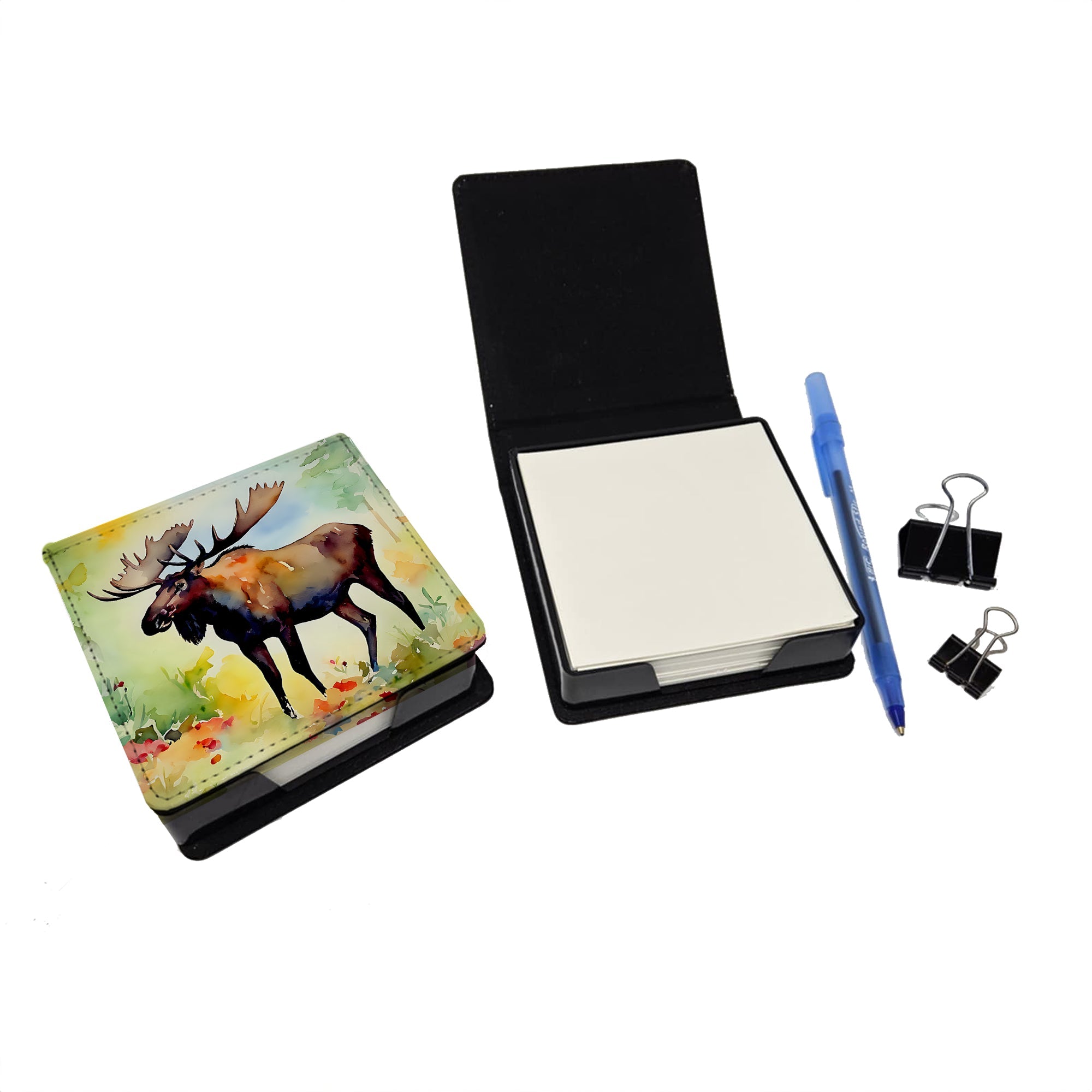 Moose PU Leather Note Paper Holder with Artist-Designed Cover, Desk Accessory, Office Gift