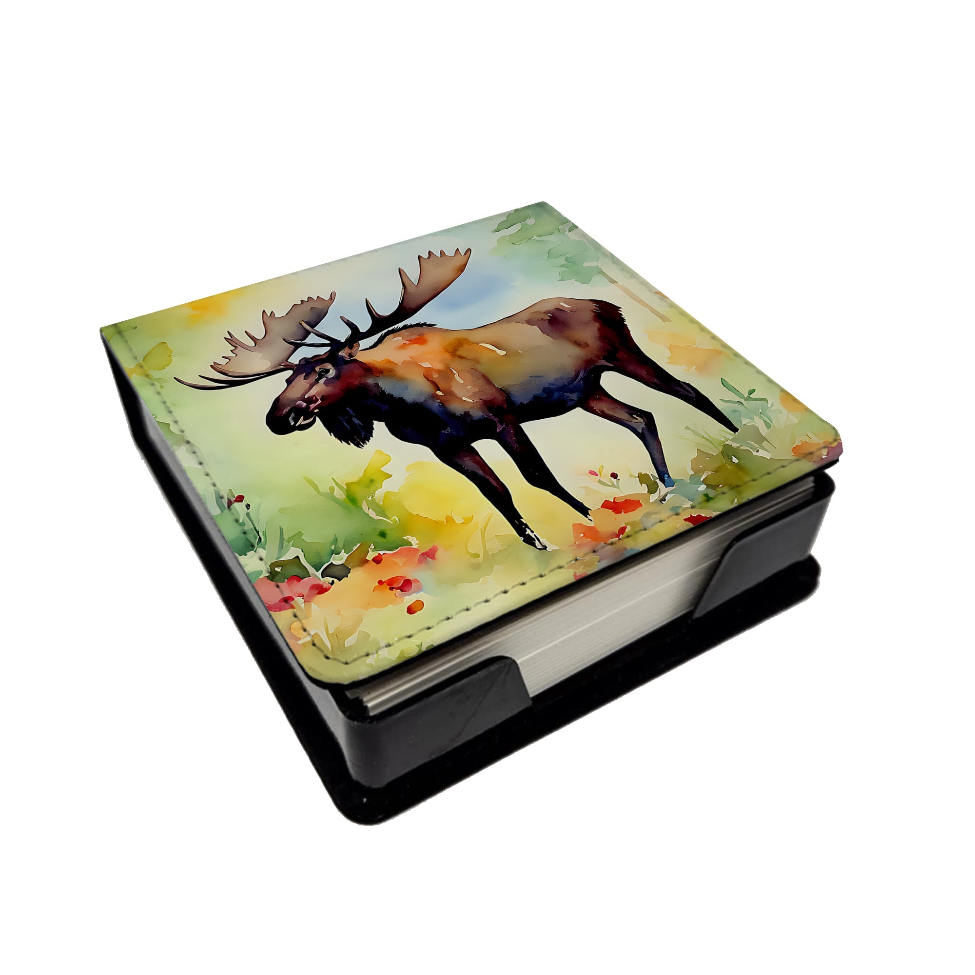 Moose PU Leather Note Paper Holder with Artist-Designed Cover, Desk Accessory, Office Gift