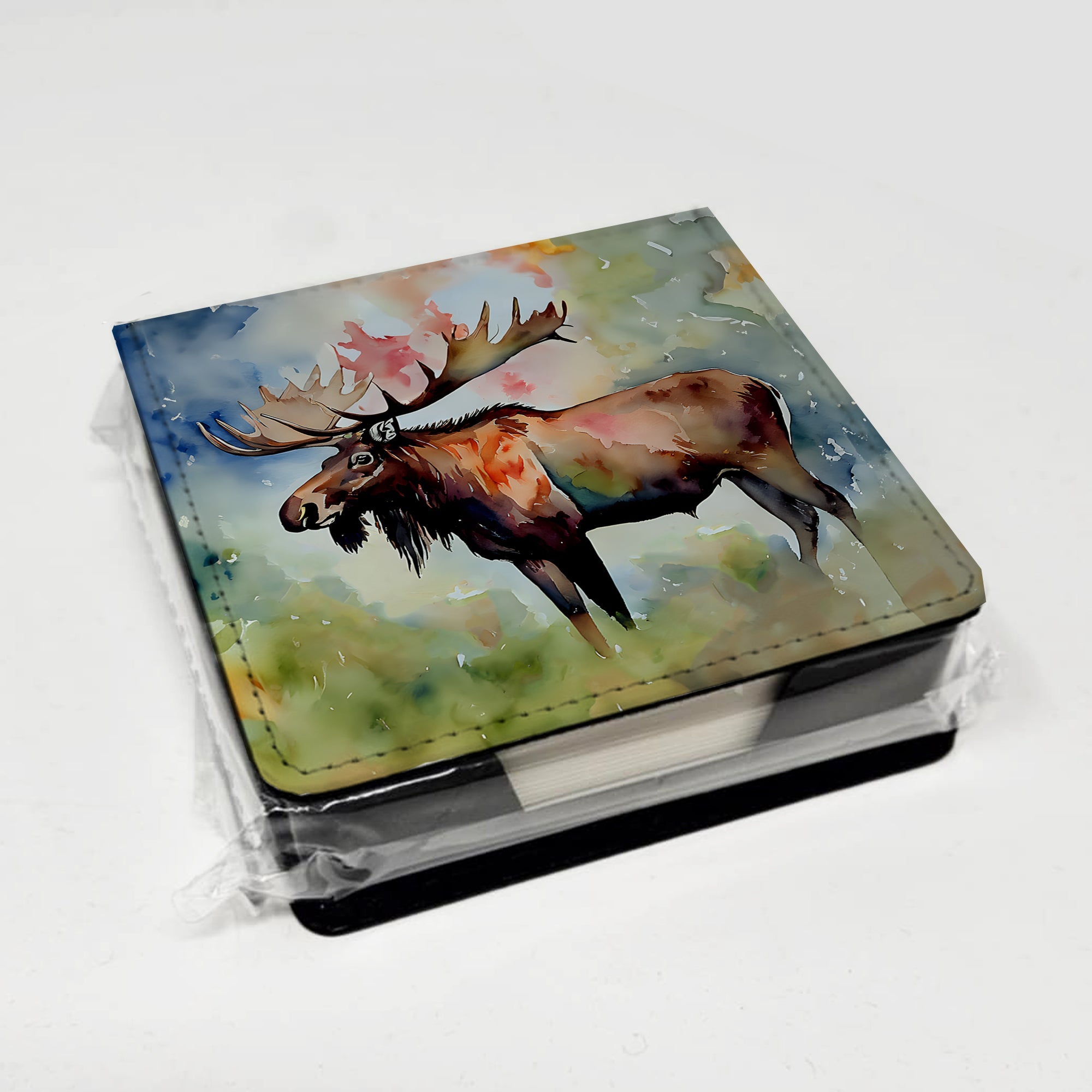 Moose PU Leather Note Paper Holder with Artist-Designed Cover, Desk Accessory, Office Gift