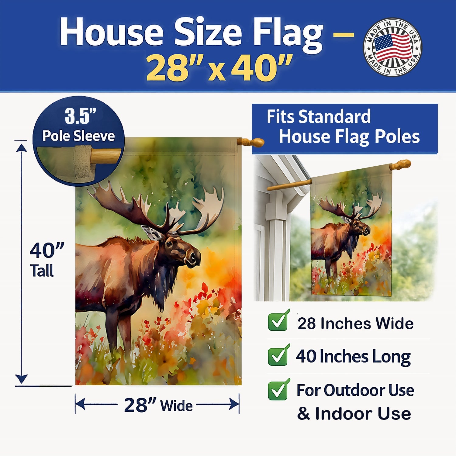 Moose House Flag 28x40 Porch Sleeve Pole Decorative Outside Yard Banner Artwork Wall Hanging, Polyester