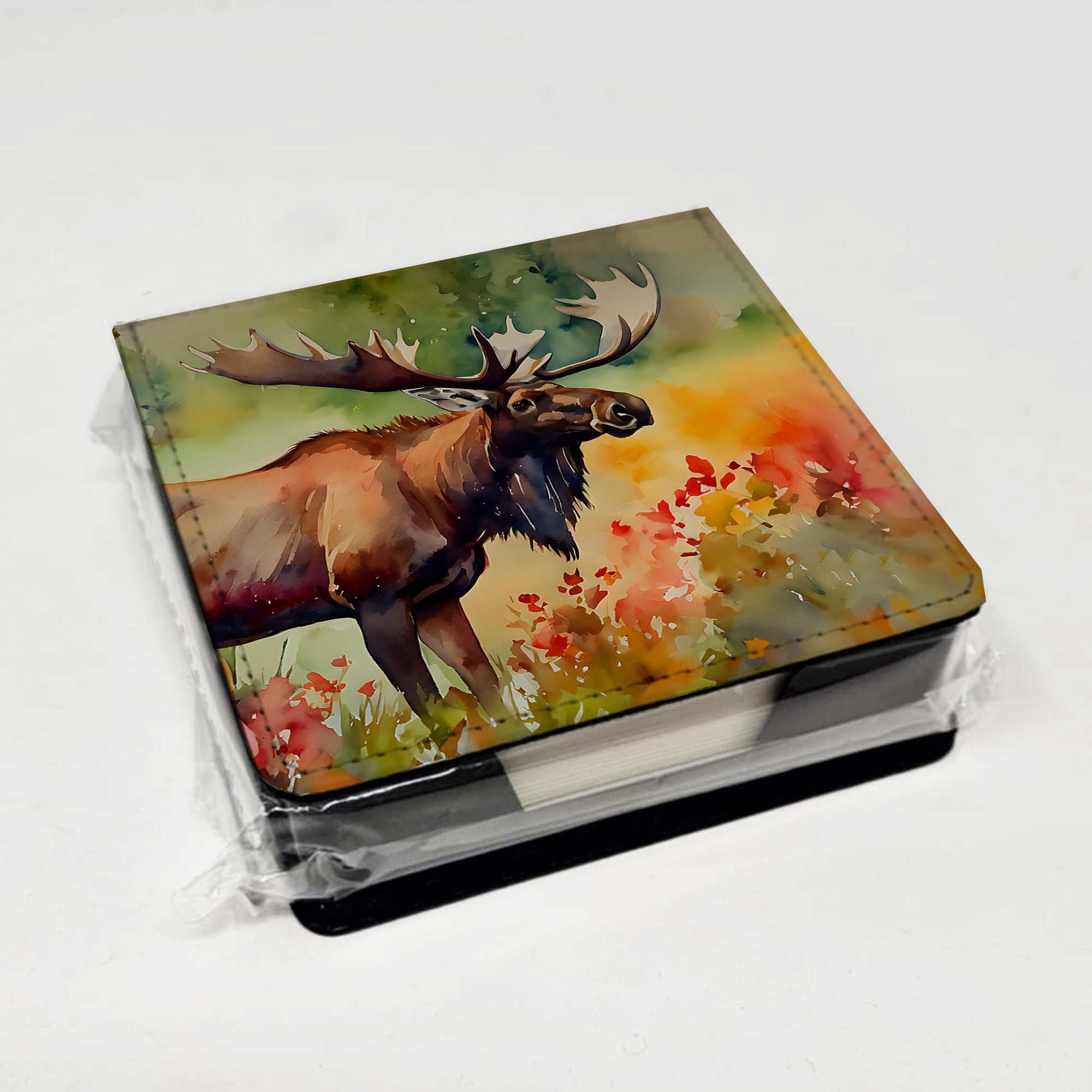 Moose PU Leather Note Paper Holder with Artist-Designed Cover, Desk Accessory, Office Gift