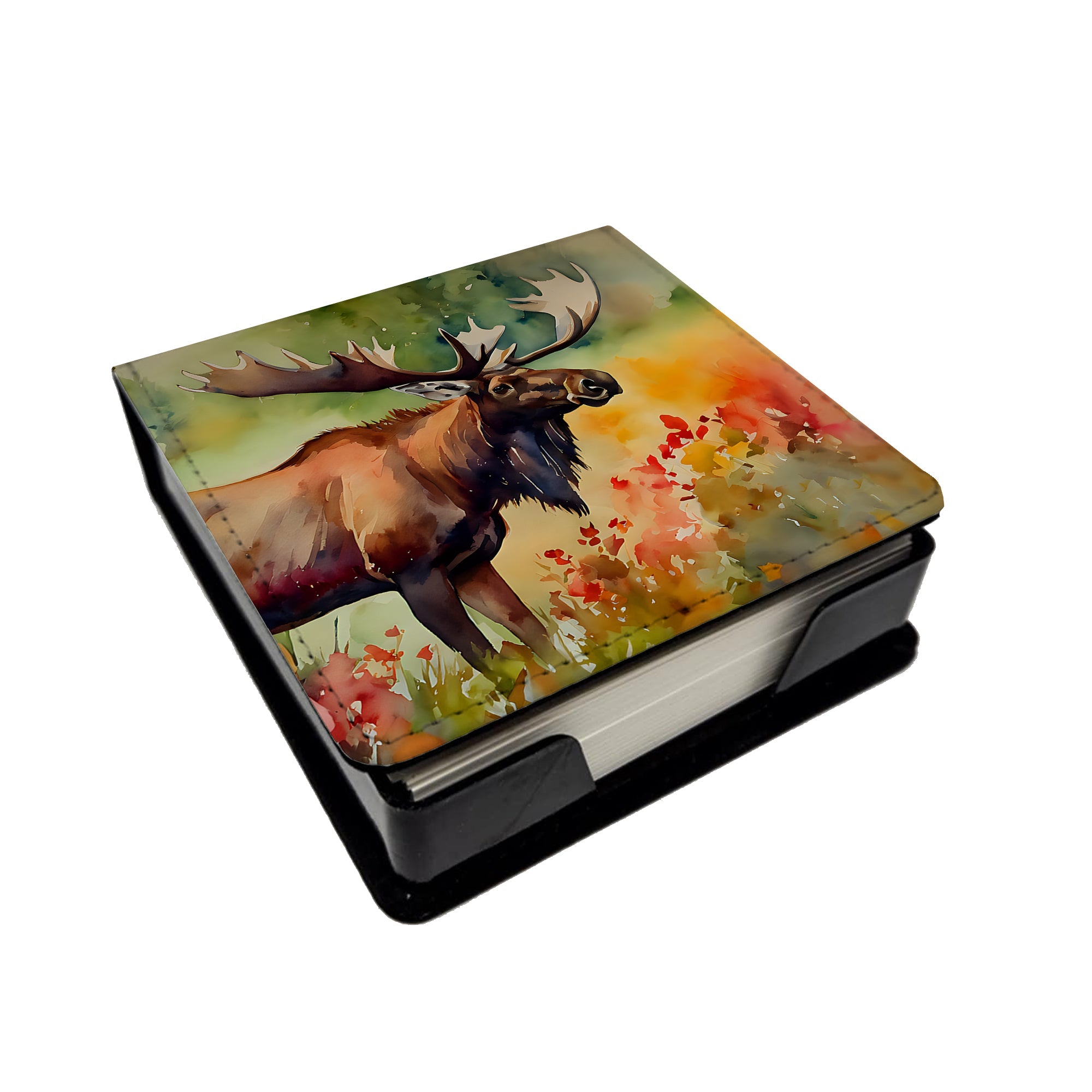 Moose PU Leather Note Paper Holder with Artist-Designed Cover, Desk Accessory, Office Gift