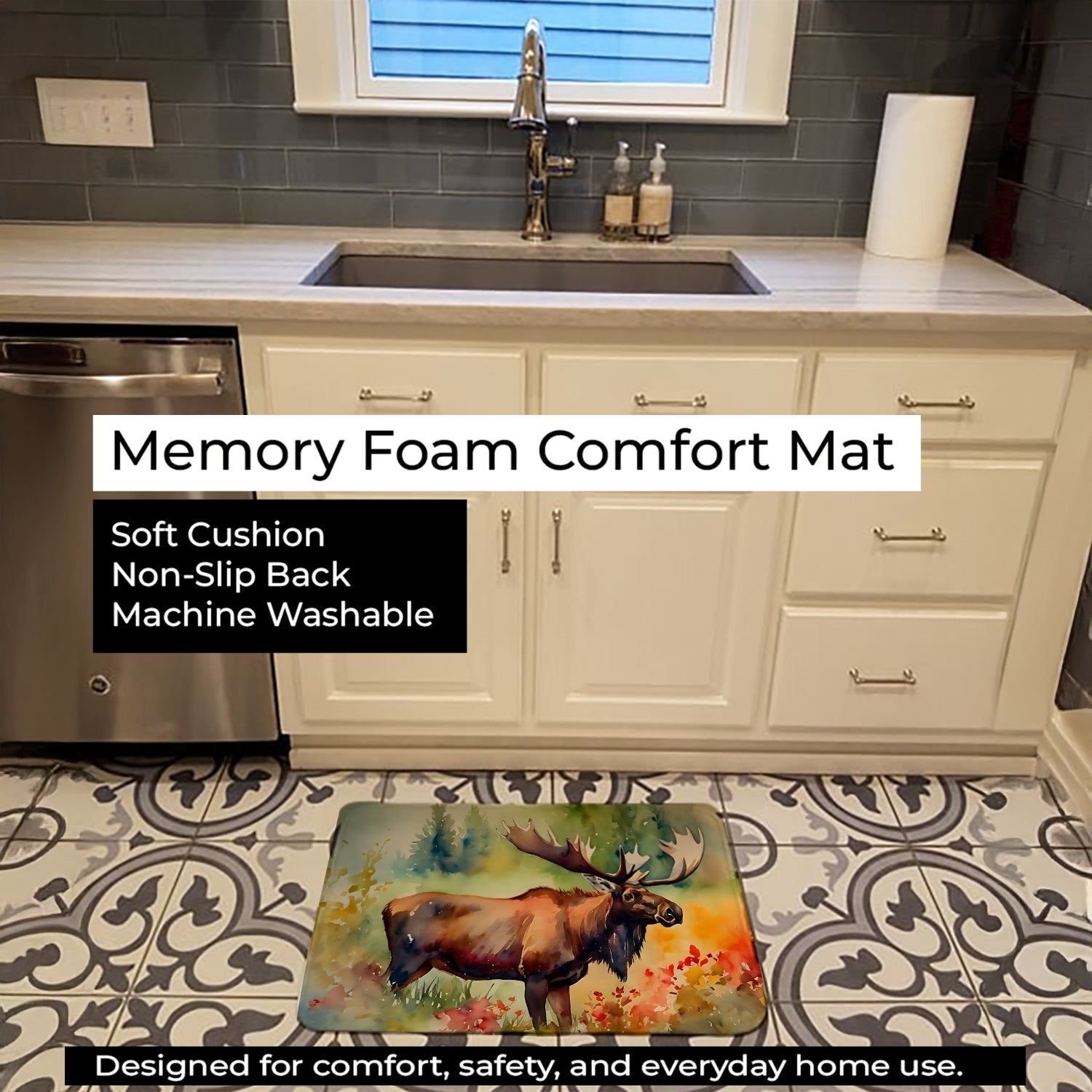 Moose Memory Foam Kitchen Mat Machine Washable Anti-Fatigue Cushion Comfort Bath or Kitchen Rug