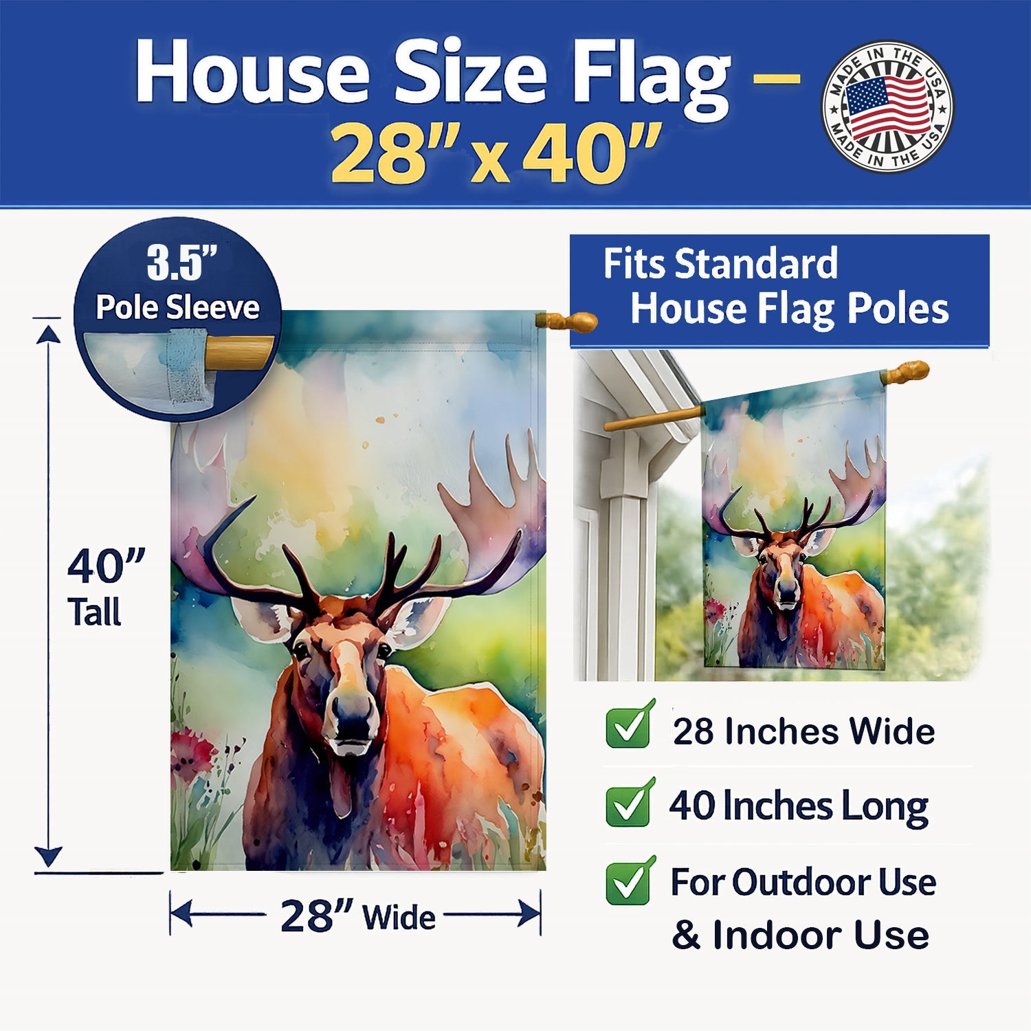 Moose House Flag 28x40 Porch Sleeve Pole Decorative Outside Yard Banner Artwork Wall Hanging, Polyester