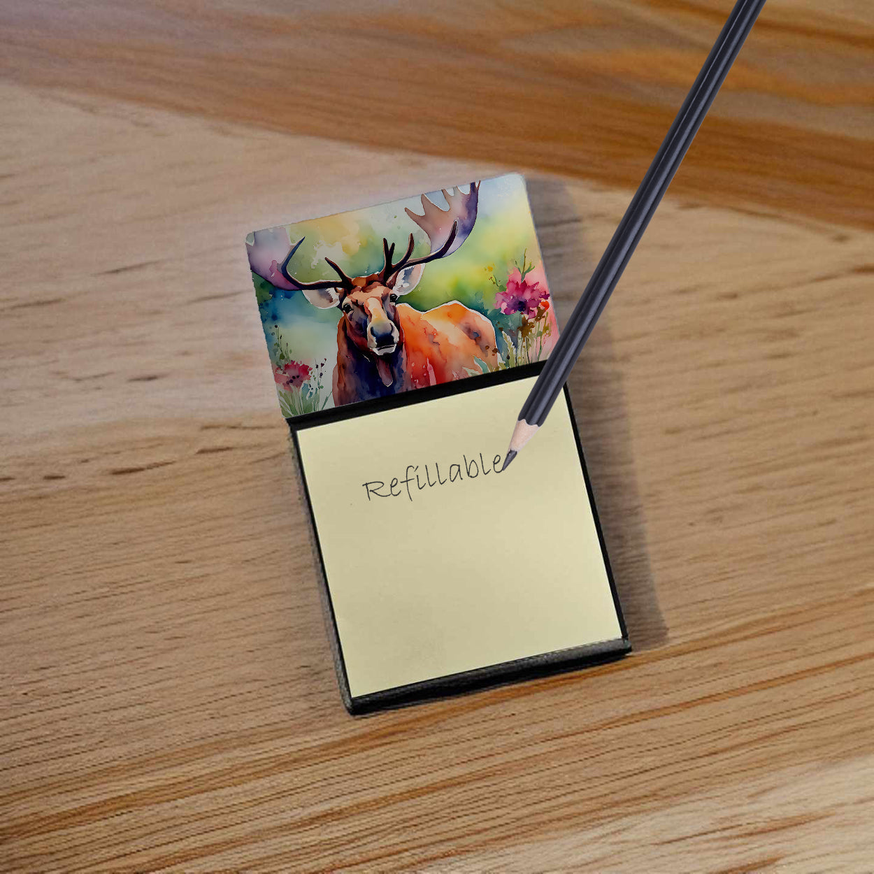 Moose Watercolor Sticky Note Holder Refillable Dispenser Desk Accessory 3x3 Pad Gift