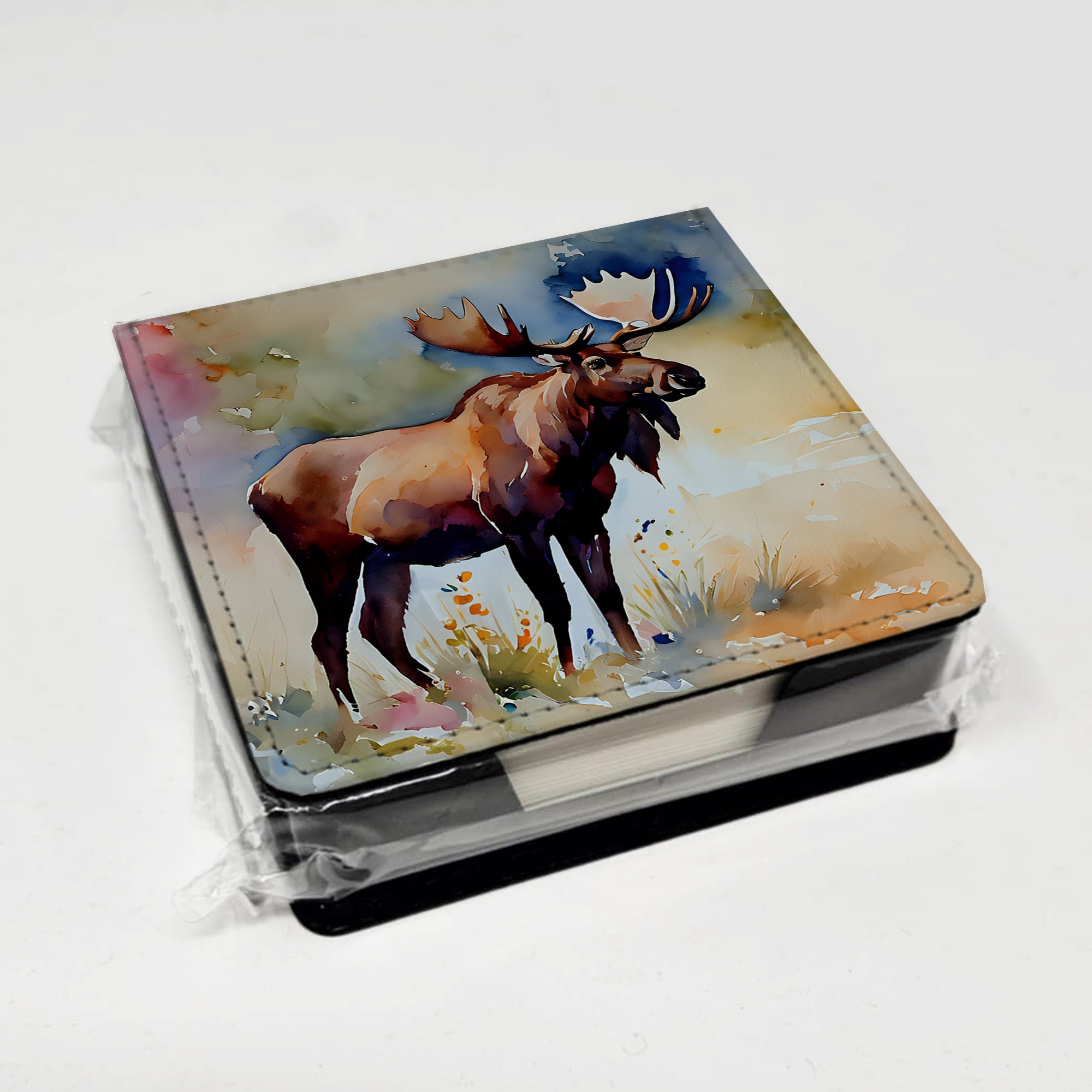 Moose PU Leather Note Paper Holder with Artist-Designed Cover, Desk Accessory, Office Gift