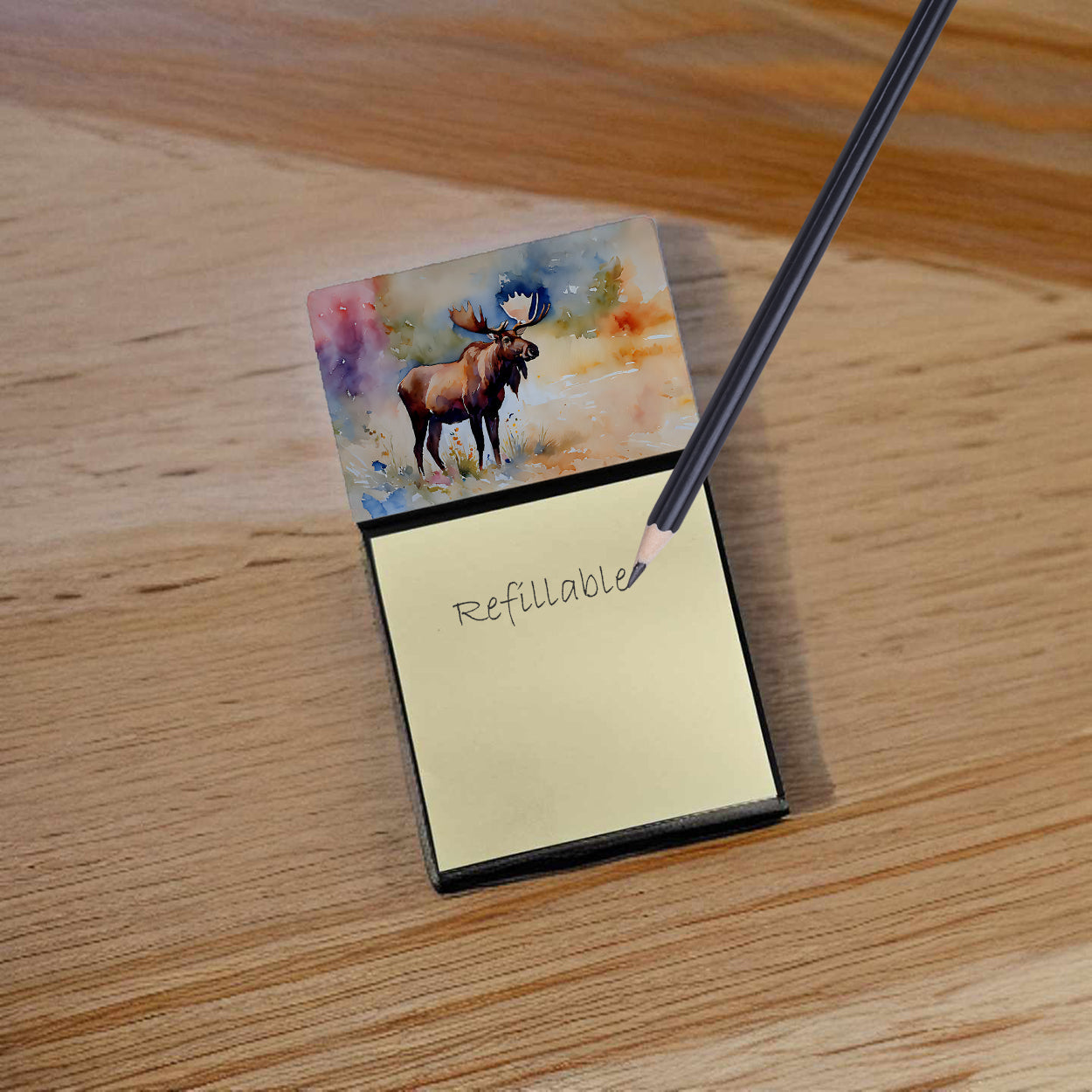 Moose Watercolor Sticky Note Holder Refillable Dispenser Desk Accessory 3x3 Pad Gift