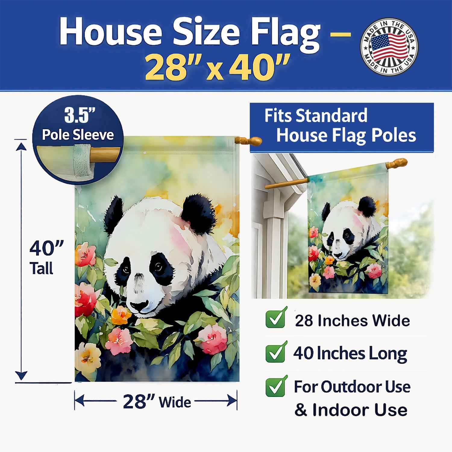 Panda House Flag 28x40 Porch Sleeve Pole Decorative Outside Yard Banner Artwork Wall Hanging, Polyester