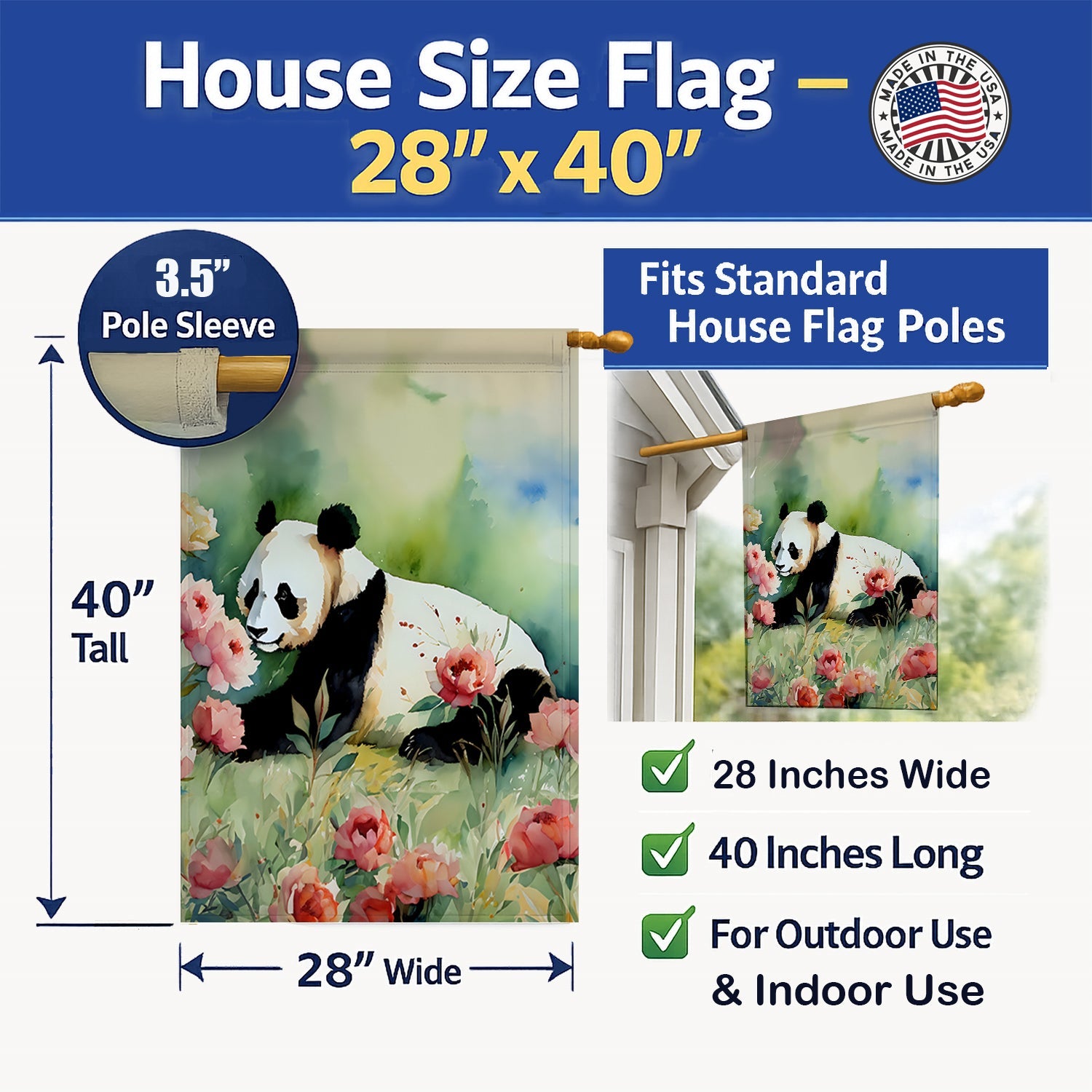 Panda House Flag 28x40 Porch Sleeve Pole Decorative Outside Yard Banner Artwork Wall Hanging, Polyester