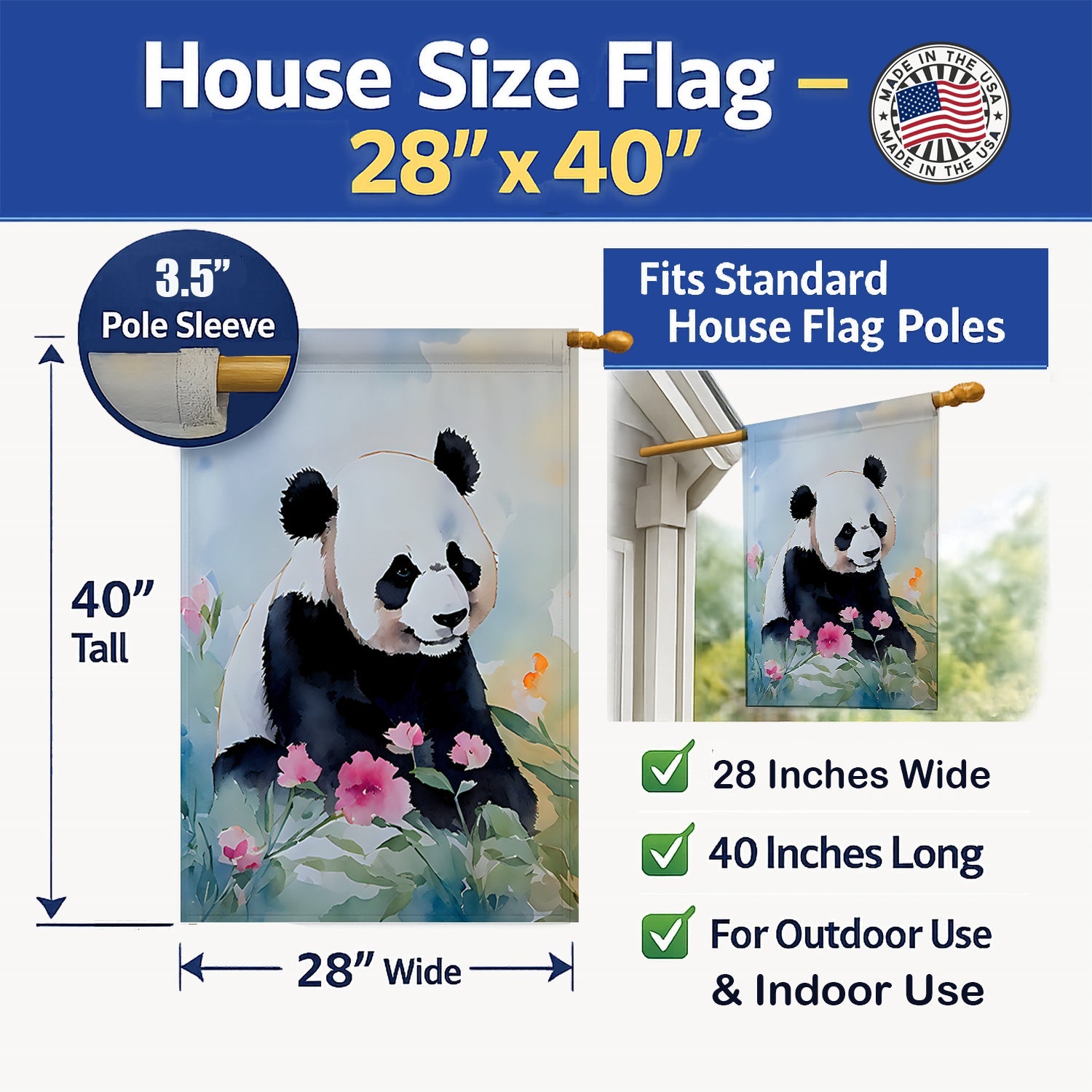 Panda House Flag 28x40 Porch Sleeve Pole Decorative Outside Yard Banner Artwork Wall Hanging, Polyester