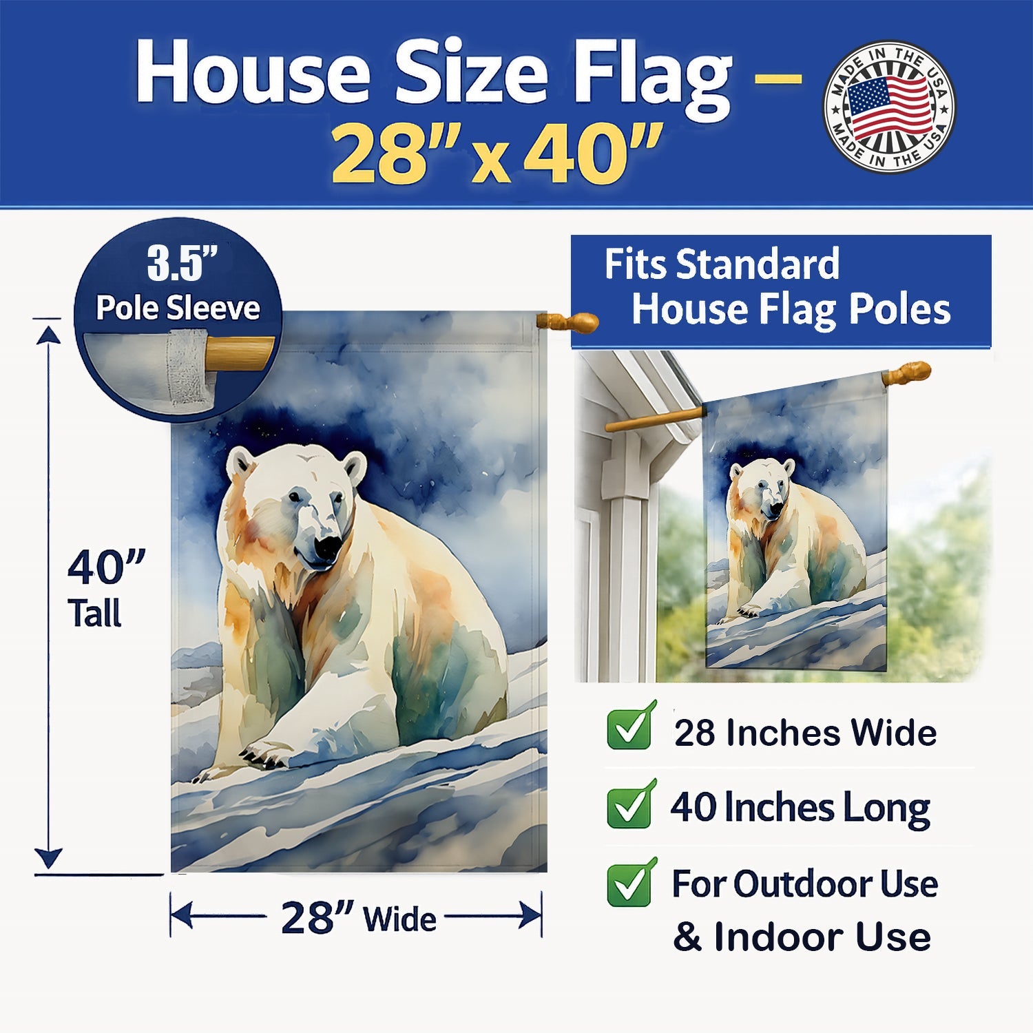 Polar Bear House Flag 28x40 Porch Sleeve Pole Decorative Outside Yard Banner Artwork Wall Hanging, Polyester